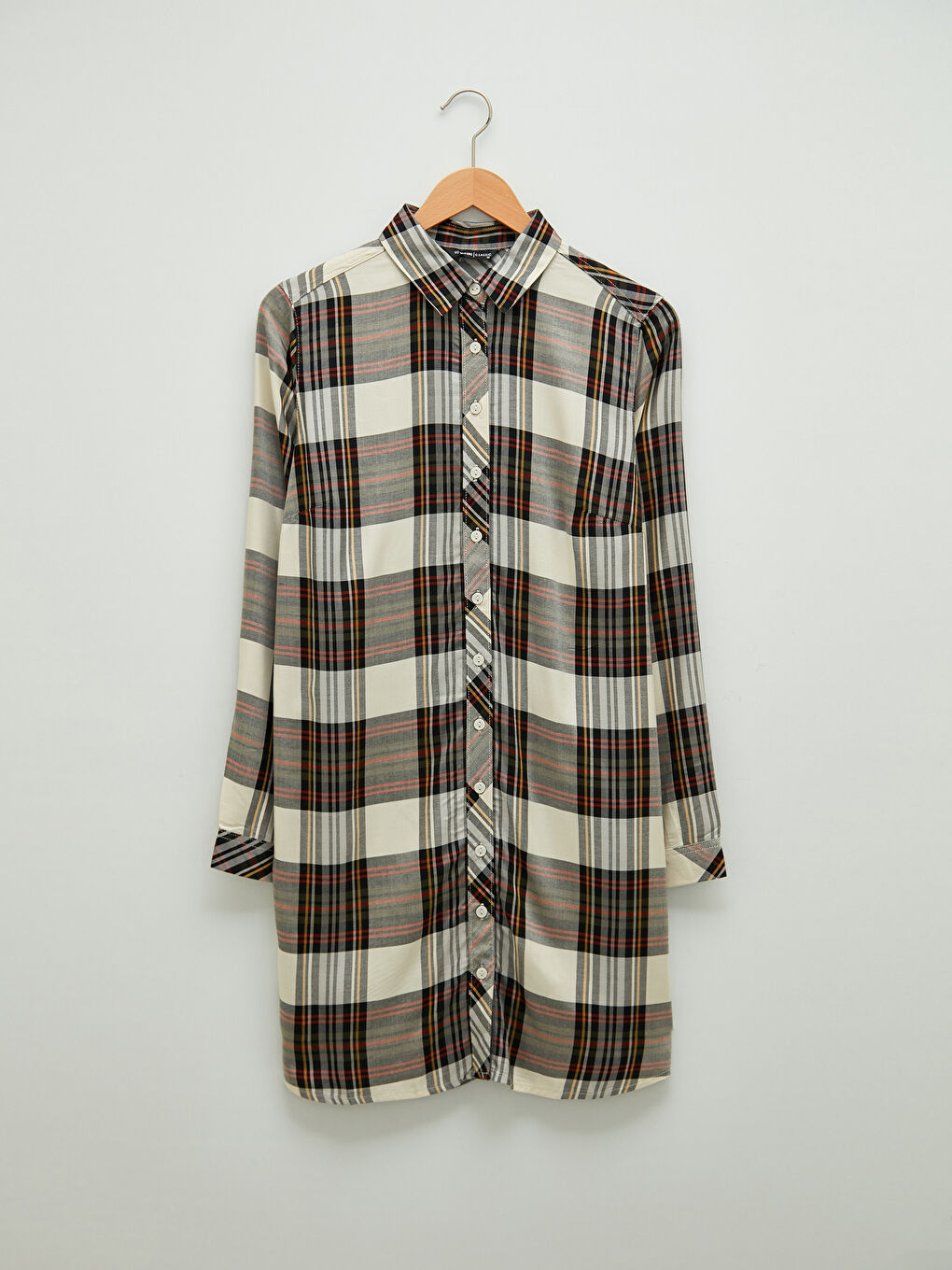 Bej Ekoseli Uzun Kollu Viskon Kadın Gömlek Tunik-5