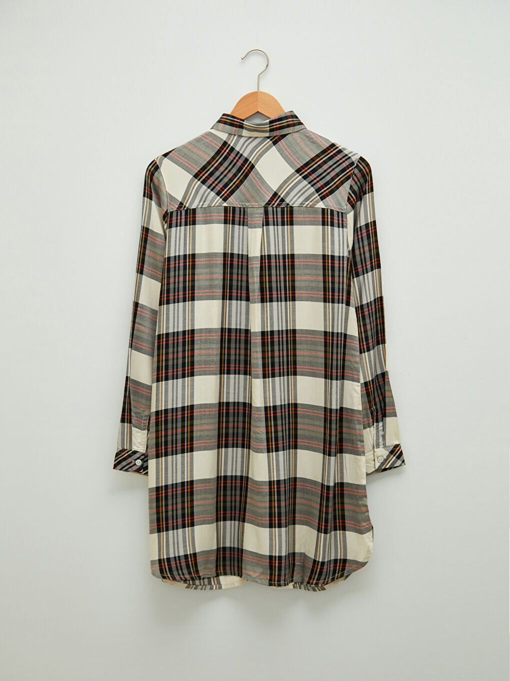 Bej Ekoseli Uzun Kollu Viskon Kadın Gömlek Tunik-6