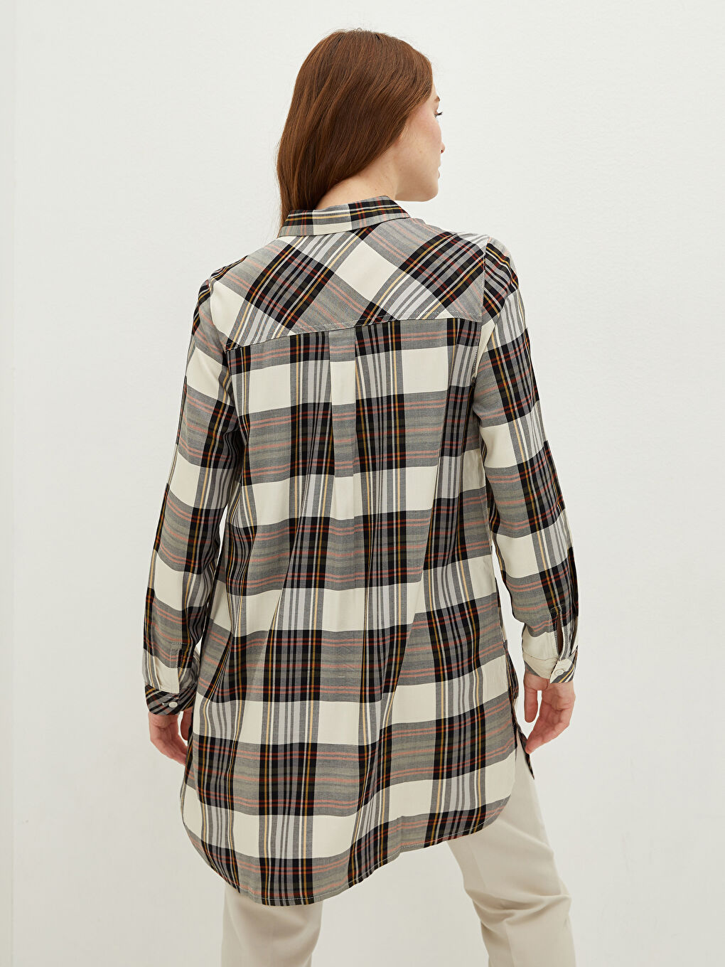 Bej Ekoseli Uzun Kollu Viskon Kadın Gömlek Tunik-4