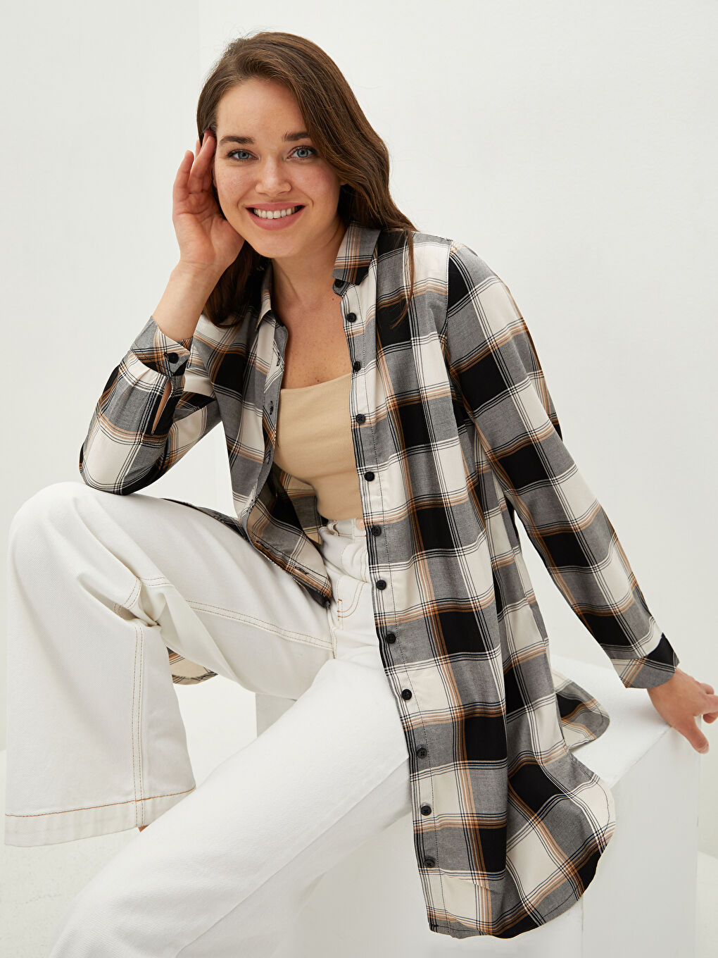 Tunique Chemise à Manches Longues en Viscose Écossais pour Femmes