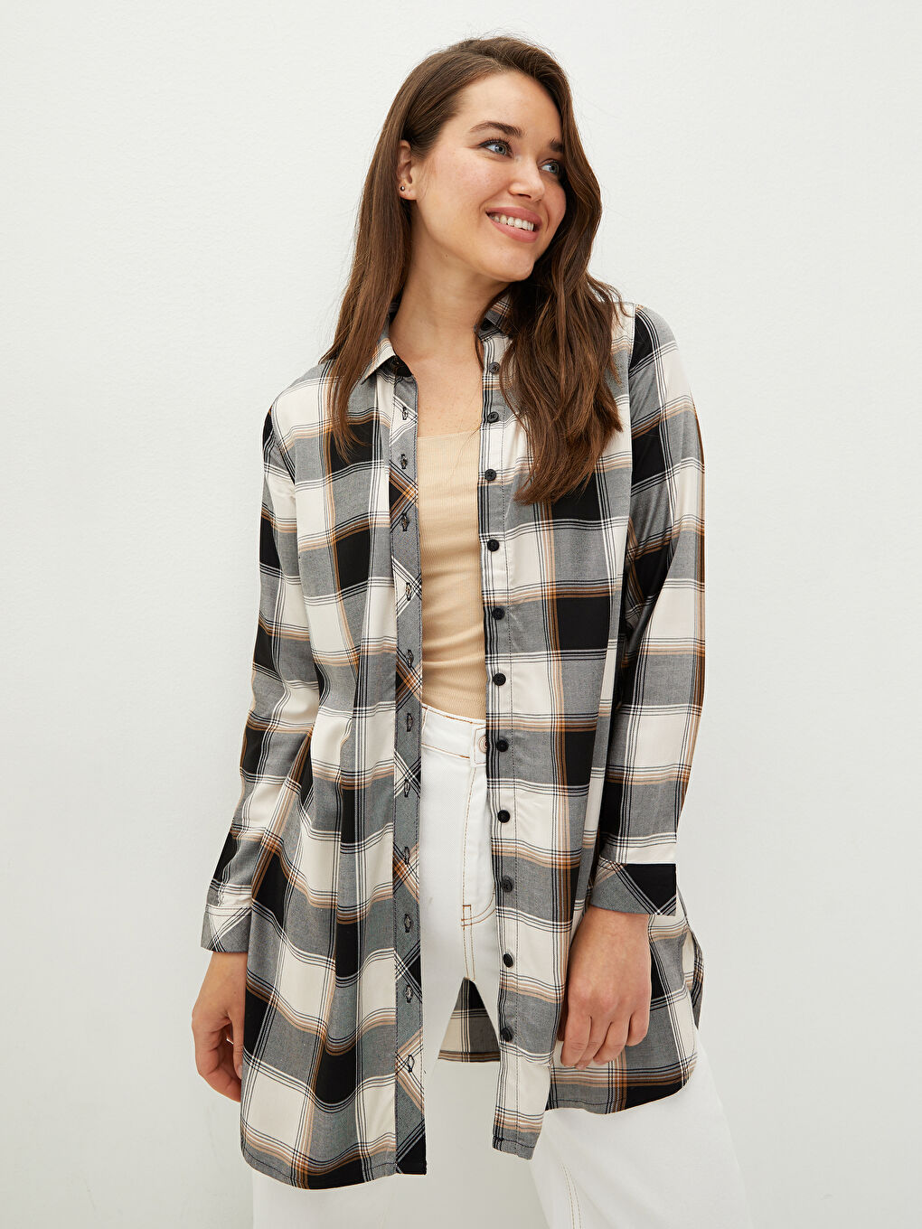 Tunique Chemise à Manches Longues en Viscose Écossais pour Femmes-1