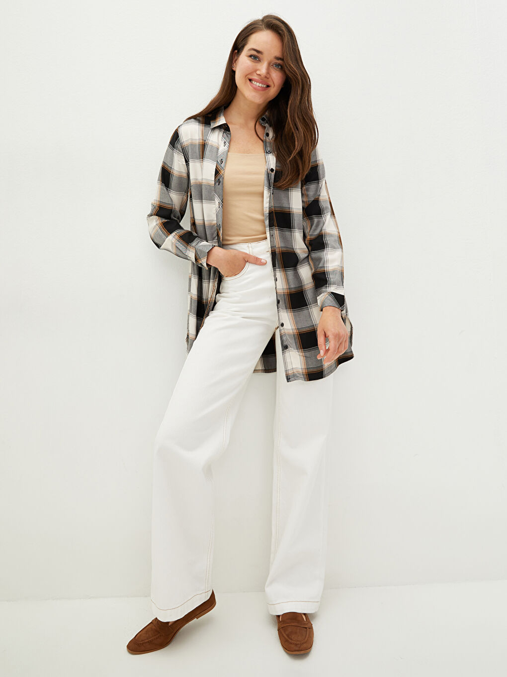 Tunique Chemise à Manches Longues en Viscose Écossais pour Femmes-2