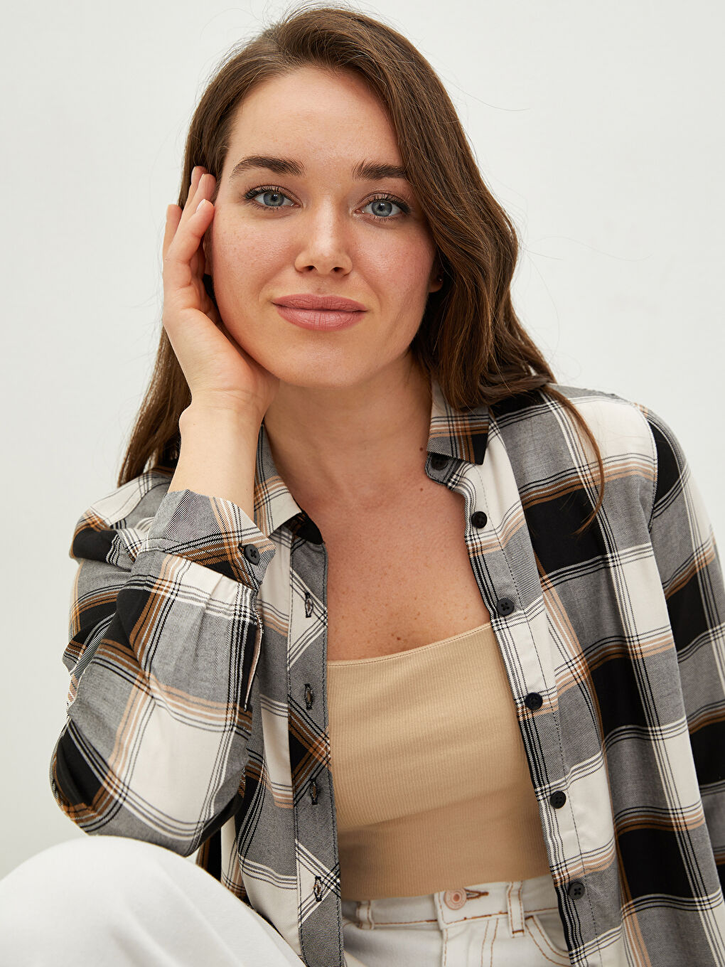 Tunique Chemise à Manches Longues en Viscose Écossais pour Femmes-3