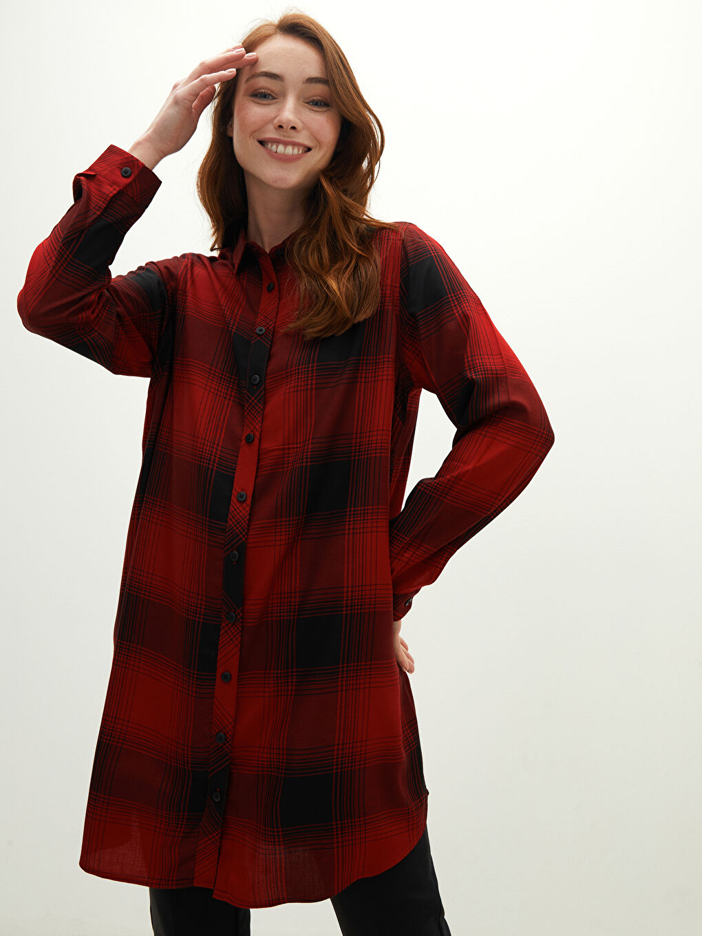 Plaid Long Sleeve Viscose Women's Shirt Tunic