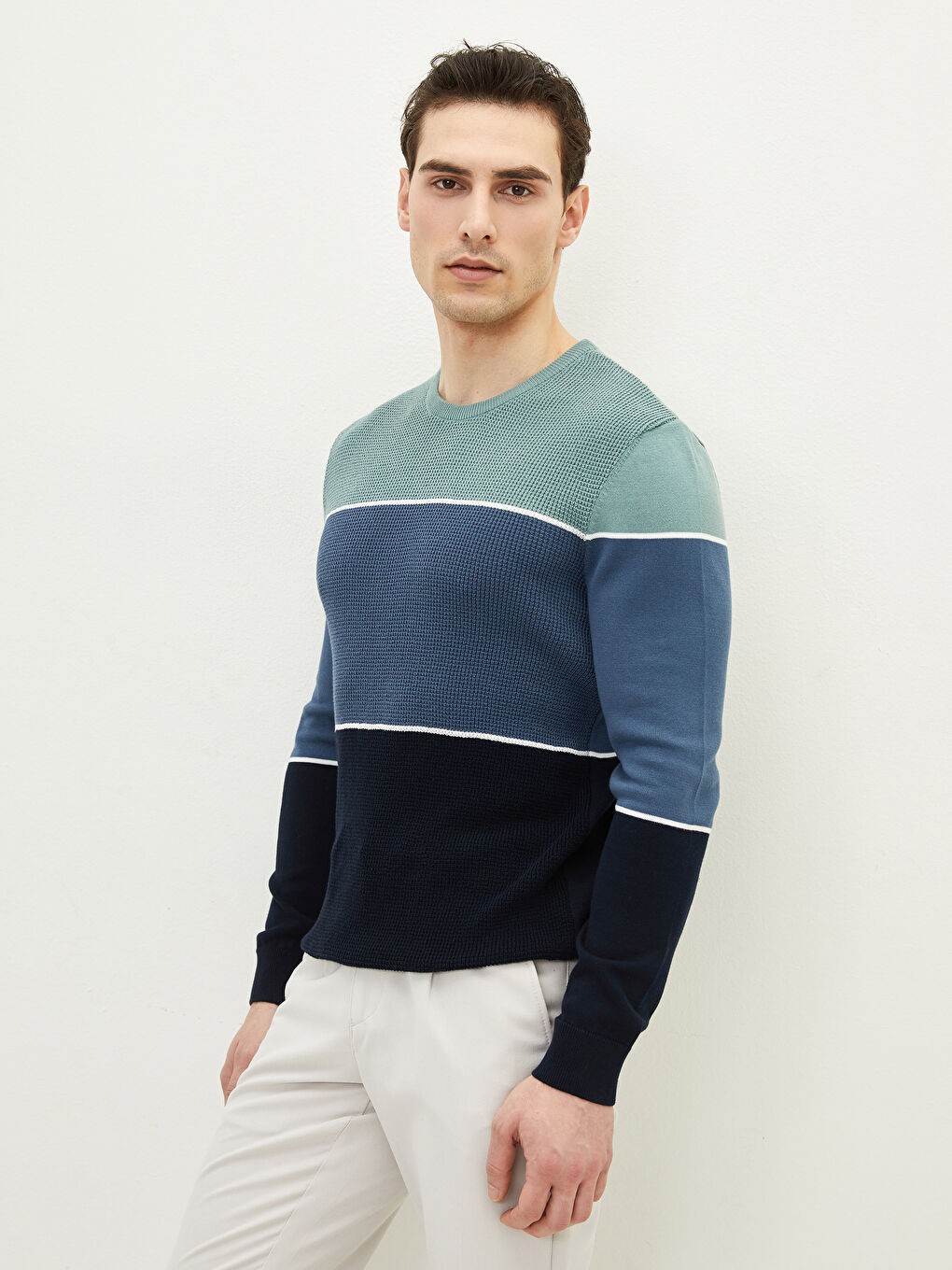 İndigo Bisiklet Yaka Uzun Kollu Çizgili Erkek Triko Kazak