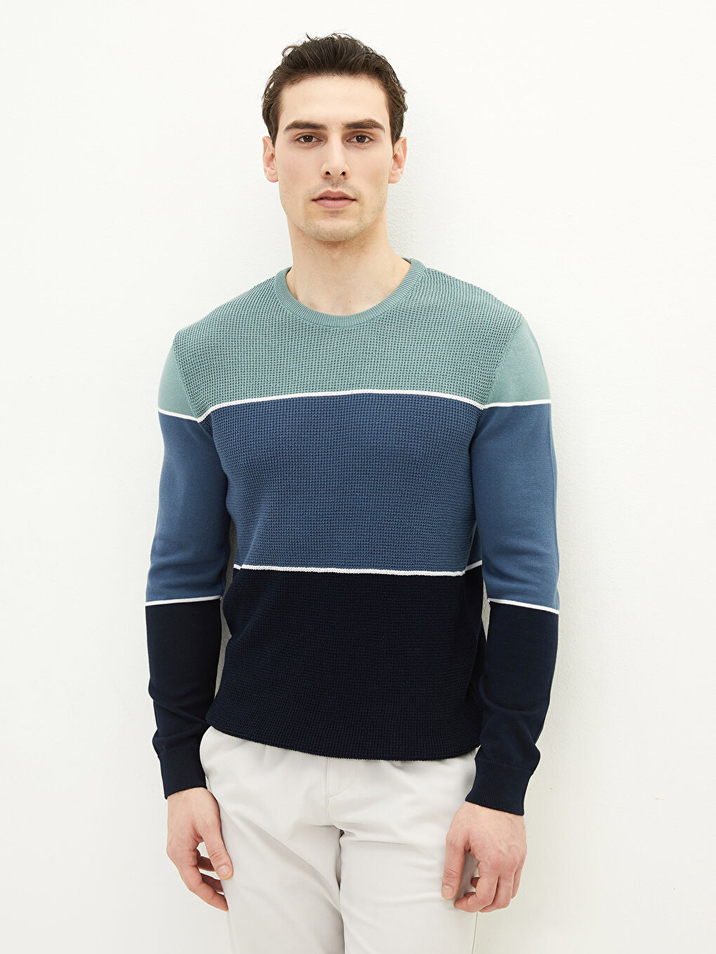 İndigo Bisiklet Yaka Uzun Kollu Çizgili Erkek Triko Kazak-1