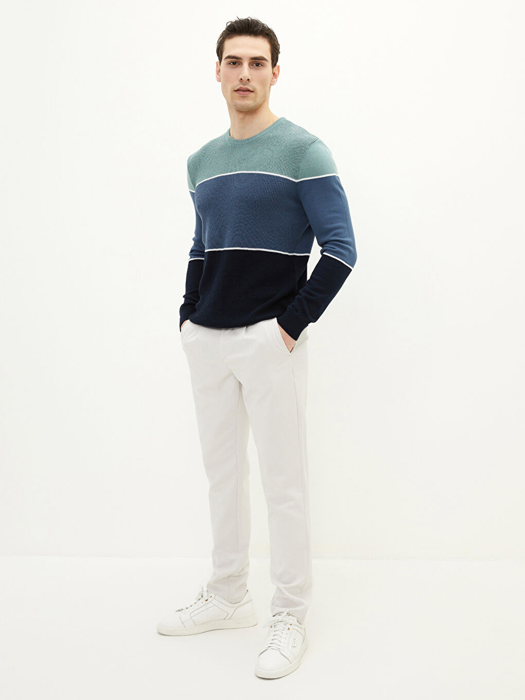 İndigo Bisiklet Yaka Uzun Kollu Çizgili Erkek Triko Kazak-2