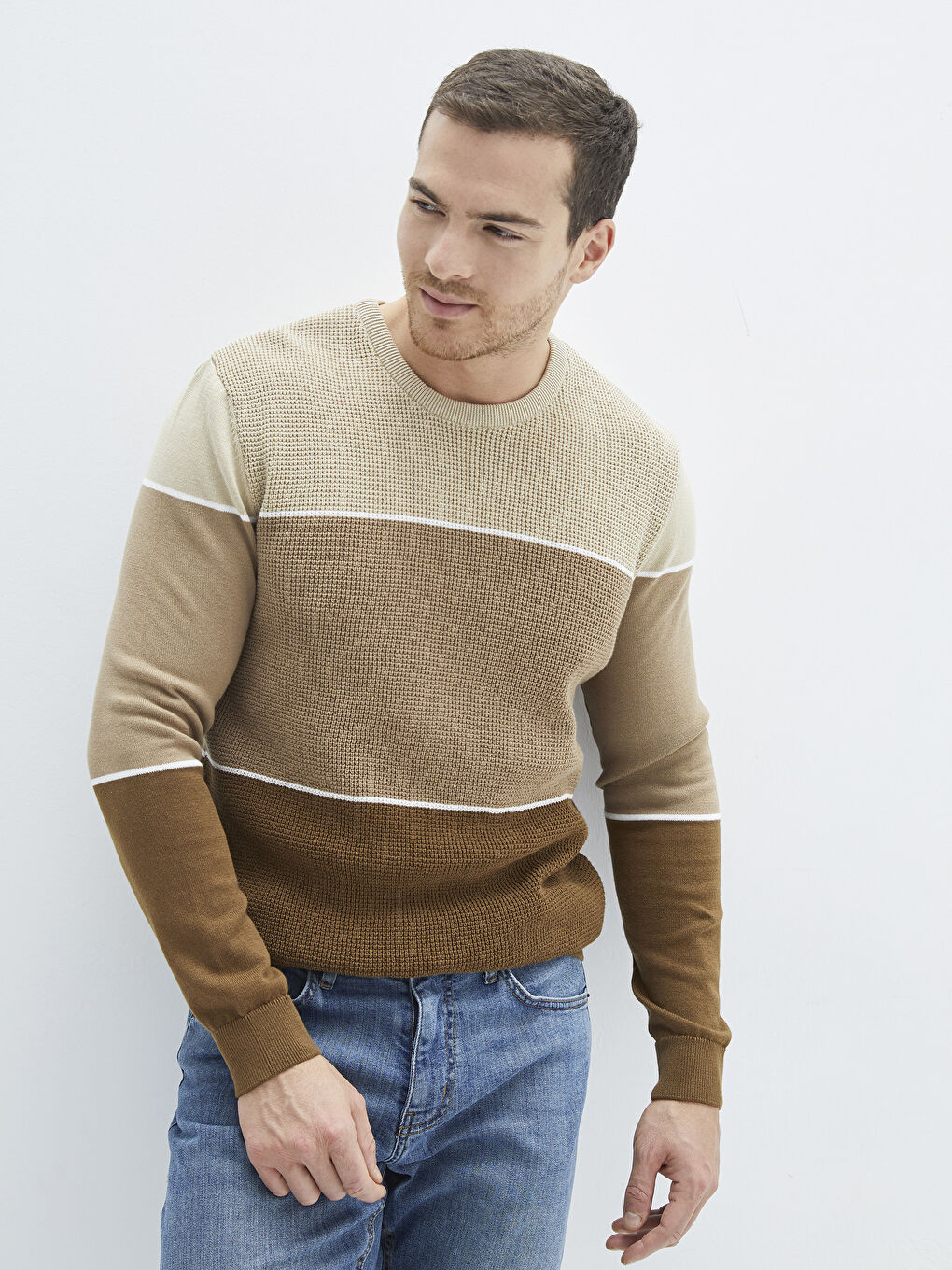 Crew Neck Long Sleeve Striped Men's Knitwear Sweater-1