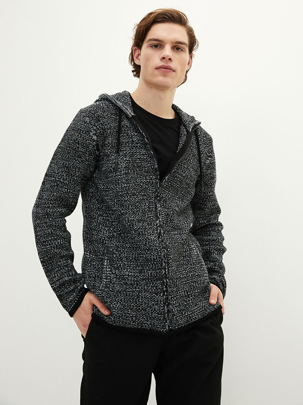 Antrasit Kapüşonlu Uzun Kollu Erkek Triko Hırka