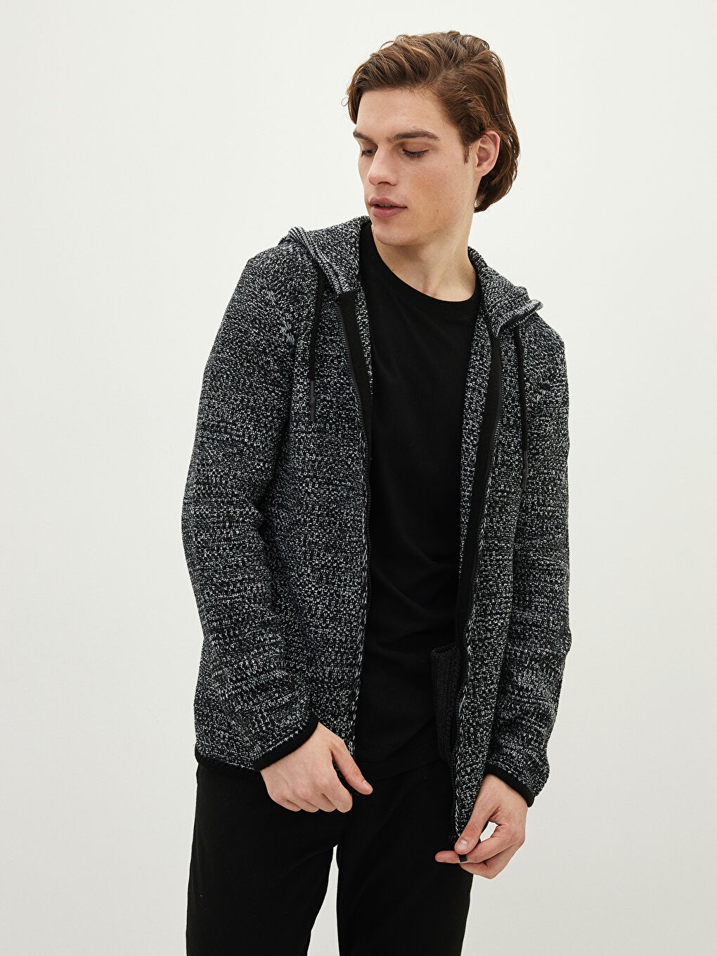 Antrasit Kapüşonlu Uzun Kollu Erkek Triko Hırka-1