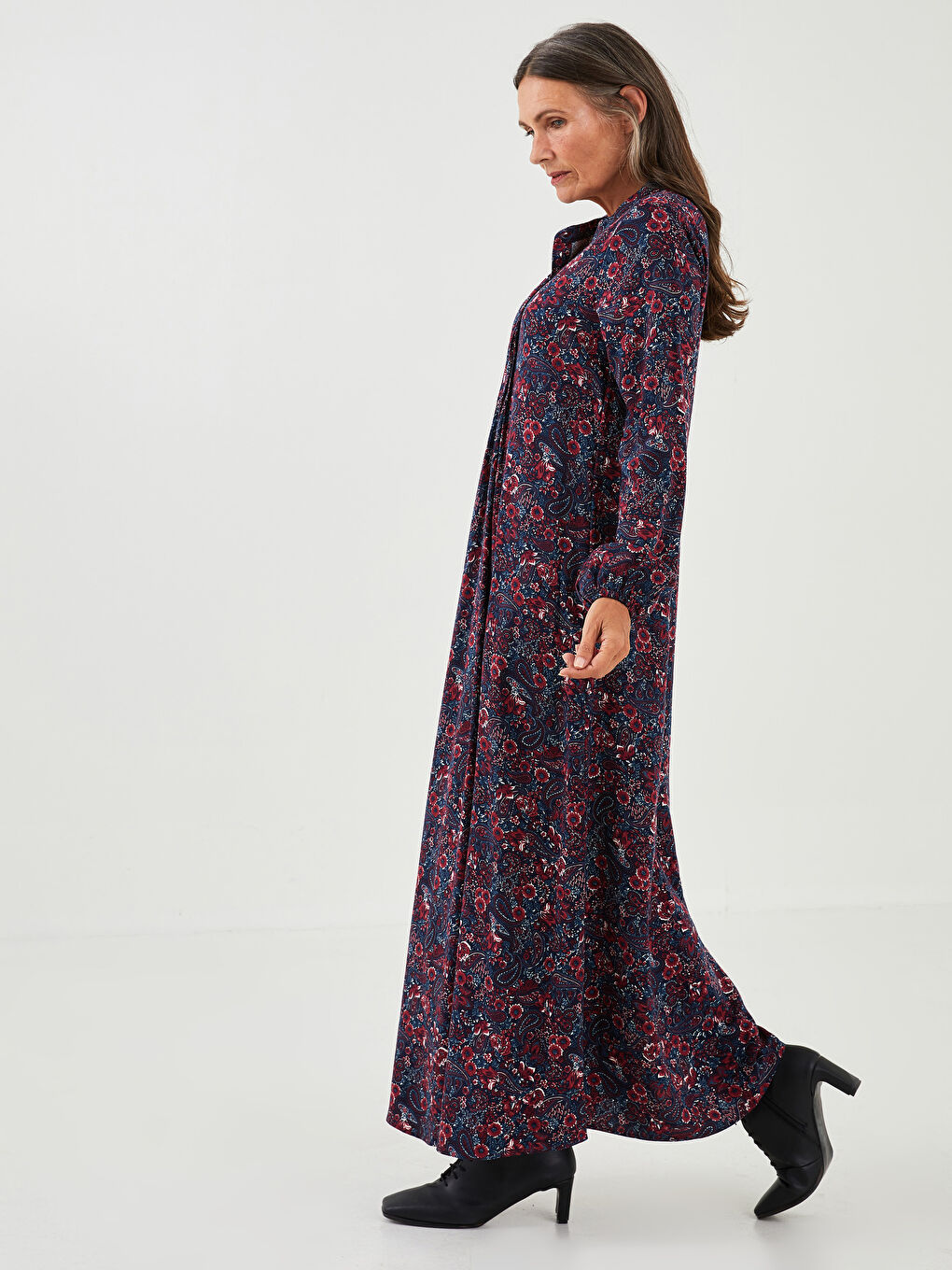 فستان نساء بلماندو فورم ياقة الجد مطبوع كم طويل-1