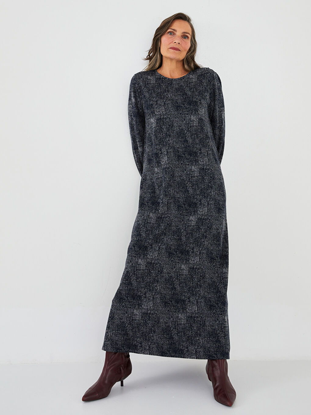 Lacivert Bisiklet Yaka Desenli Uzun Kollu A Kesim Ponte Kumaş Kadın Elbise