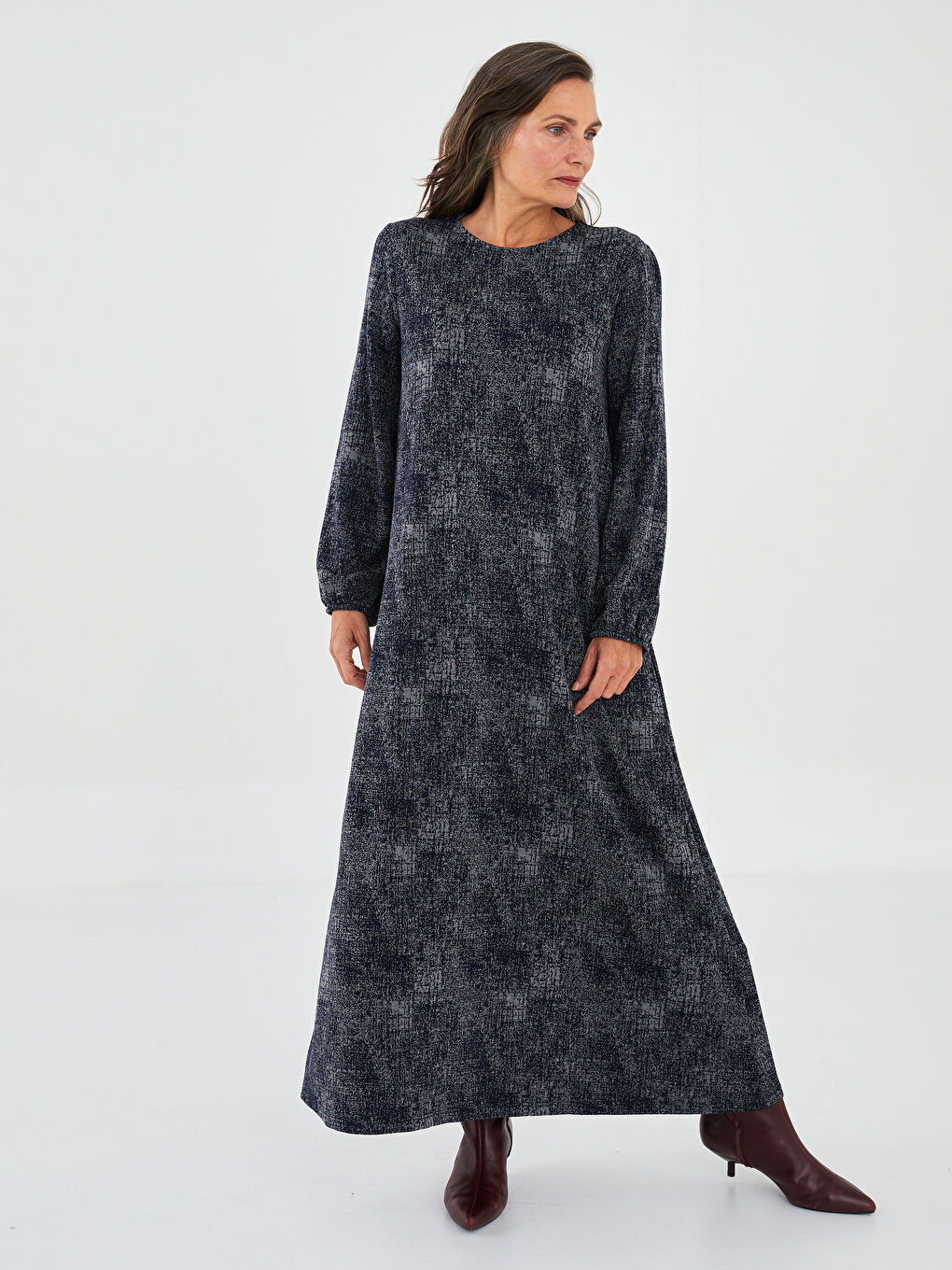 Lacivert Bisiklet Yaka Desenli Uzun Kollu A Kesim Ponte Kumaş Kadın Elbise-1