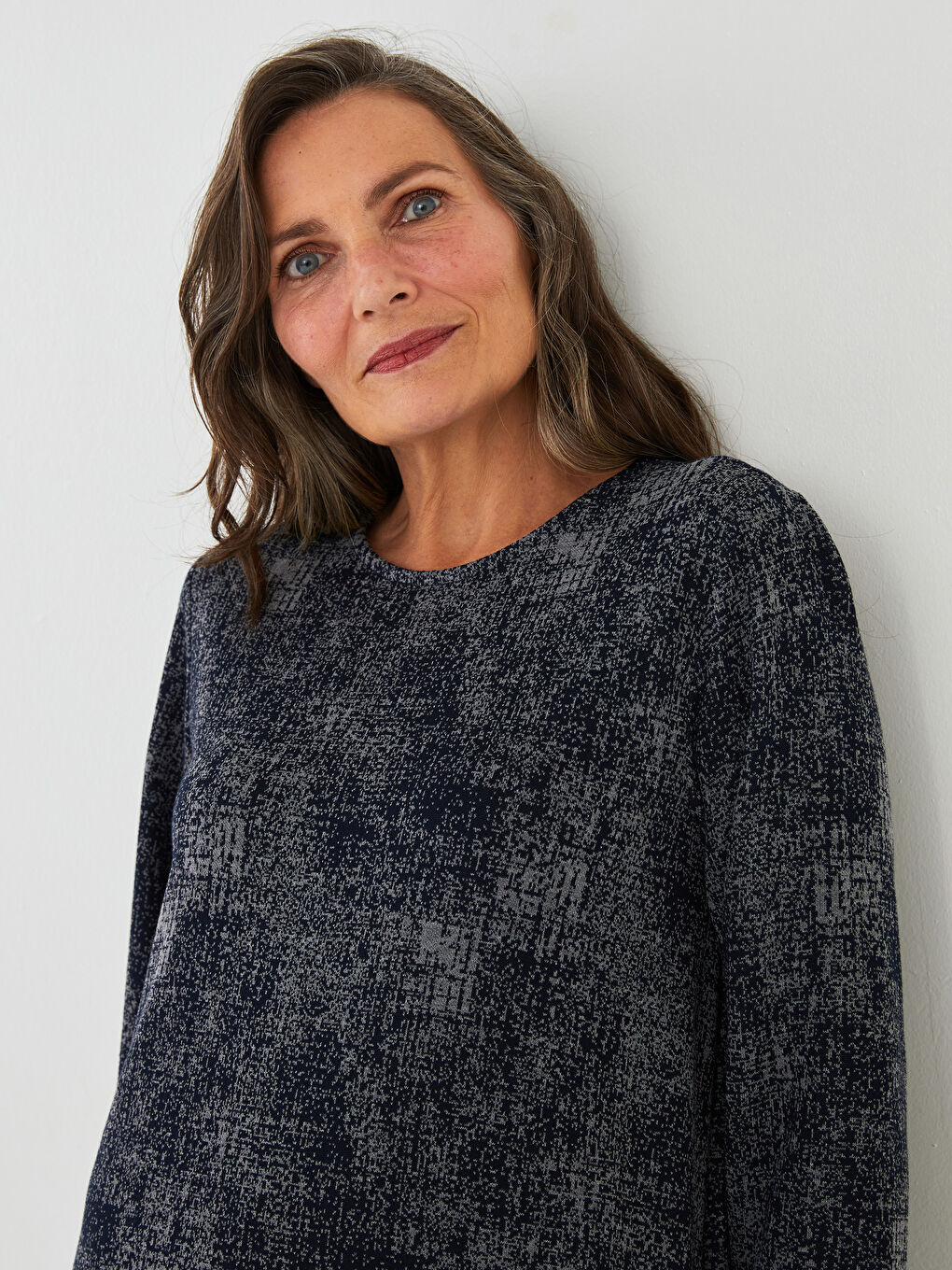 Lacivert Bisiklet Yaka Desenli Uzun Kollu A Kesim Ponte Kumaş Kadın Elbise-2