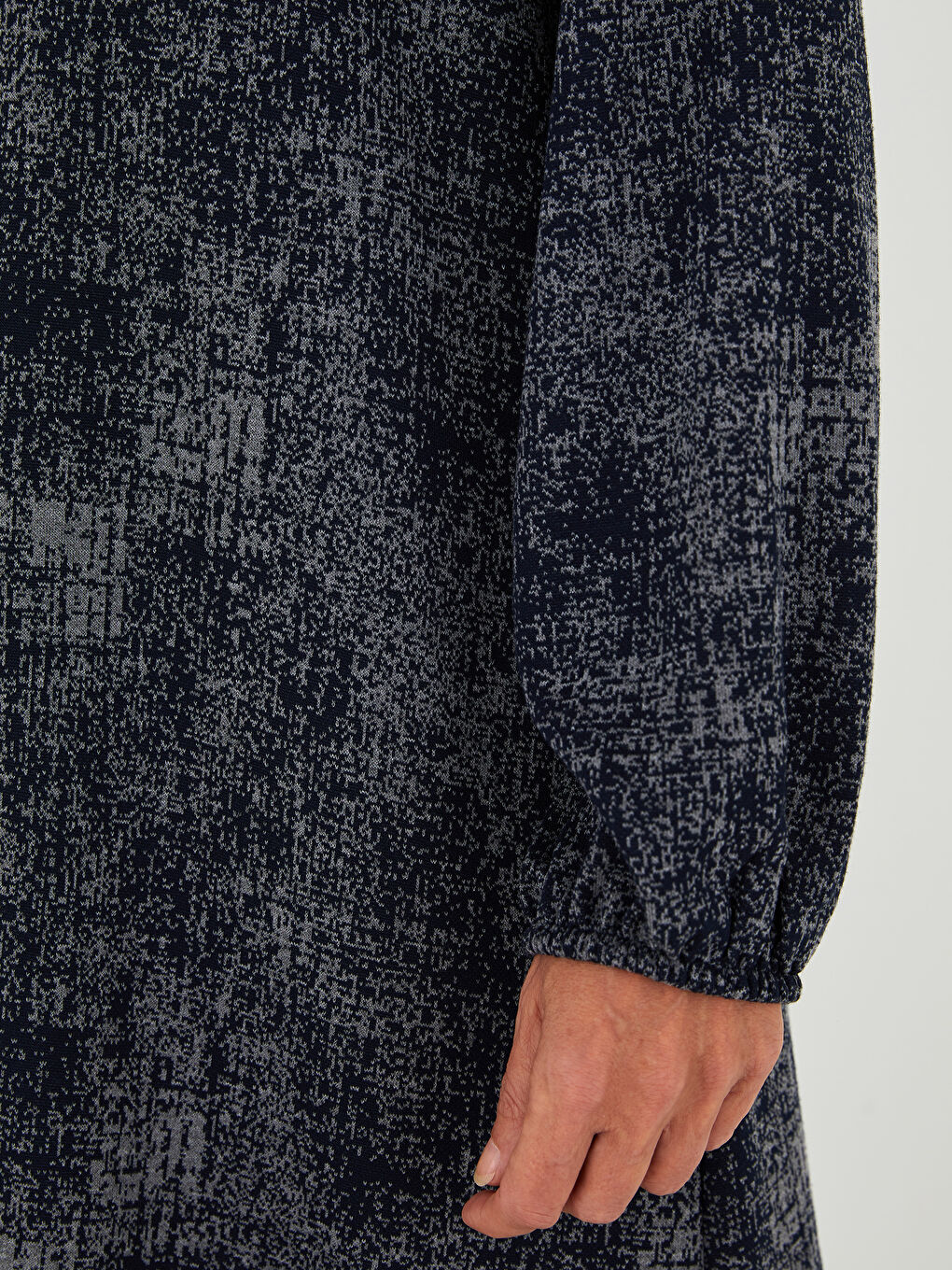 Lacivert Bisiklet Yaka Desenli Uzun Kollu A Kesim Ponte Kumaş Kadın Elbise-3