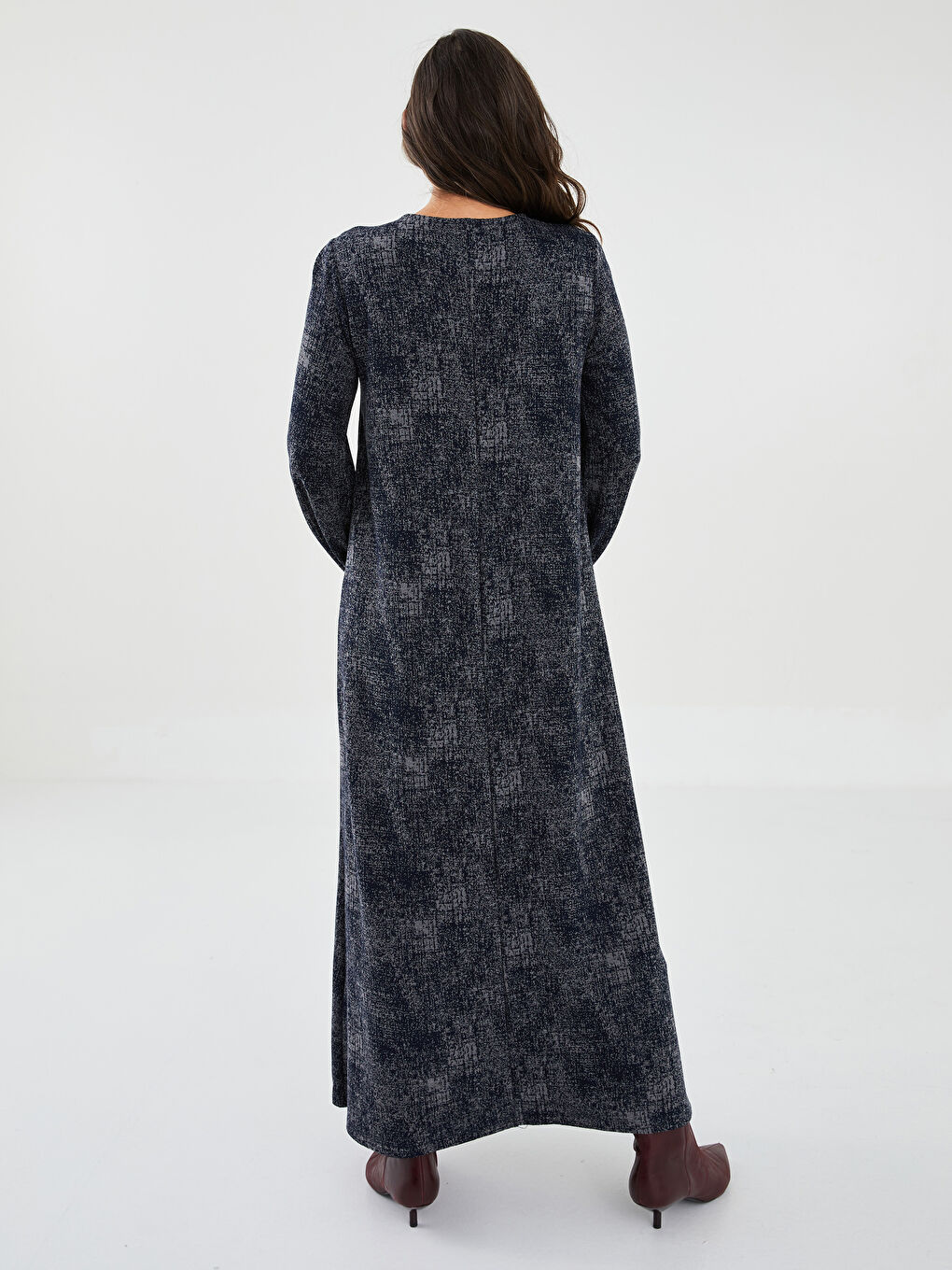 Lacivert Bisiklet Yaka Desenli Uzun Kollu A Kesim Ponte Kumaş Kadın Elbise-4