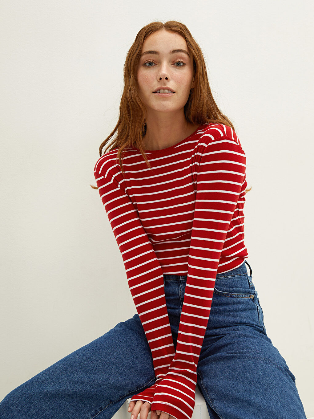 Crew Neck Striped Long Sleeve Cotton Women's T-shirt-2
