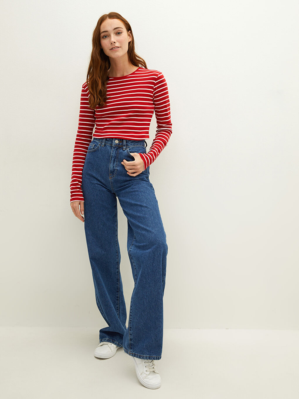 Crew Neck Striped Long Sleeve Cotton Women's T-shirt-3