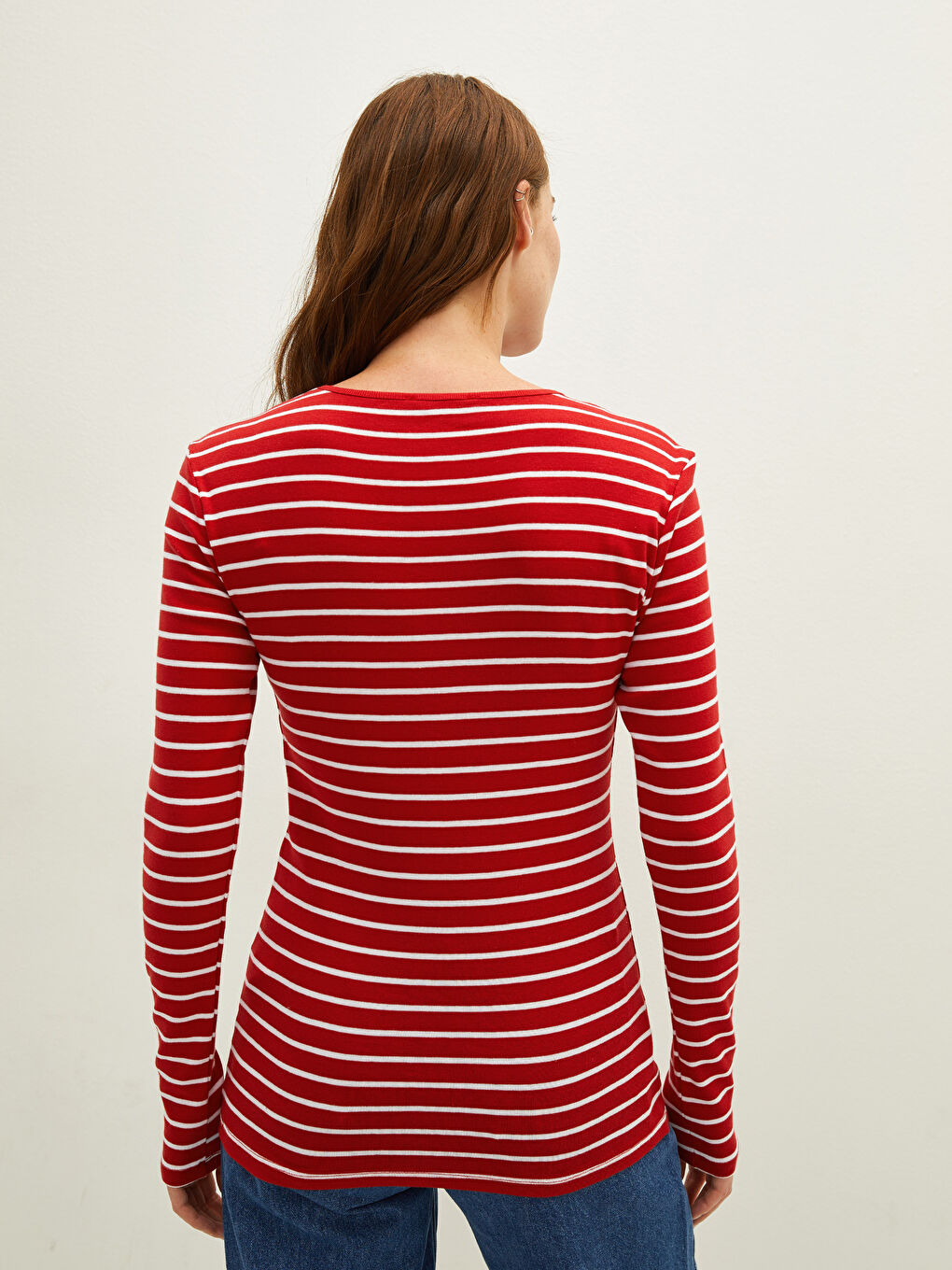 Crew Neck Striped Long Sleeve Cotton Women's T-shirt-4