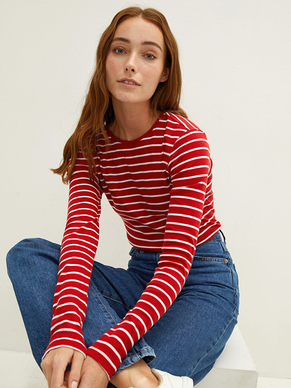 Crew Neck Striped Long Sleeve Cotton Women's T-shirt-1