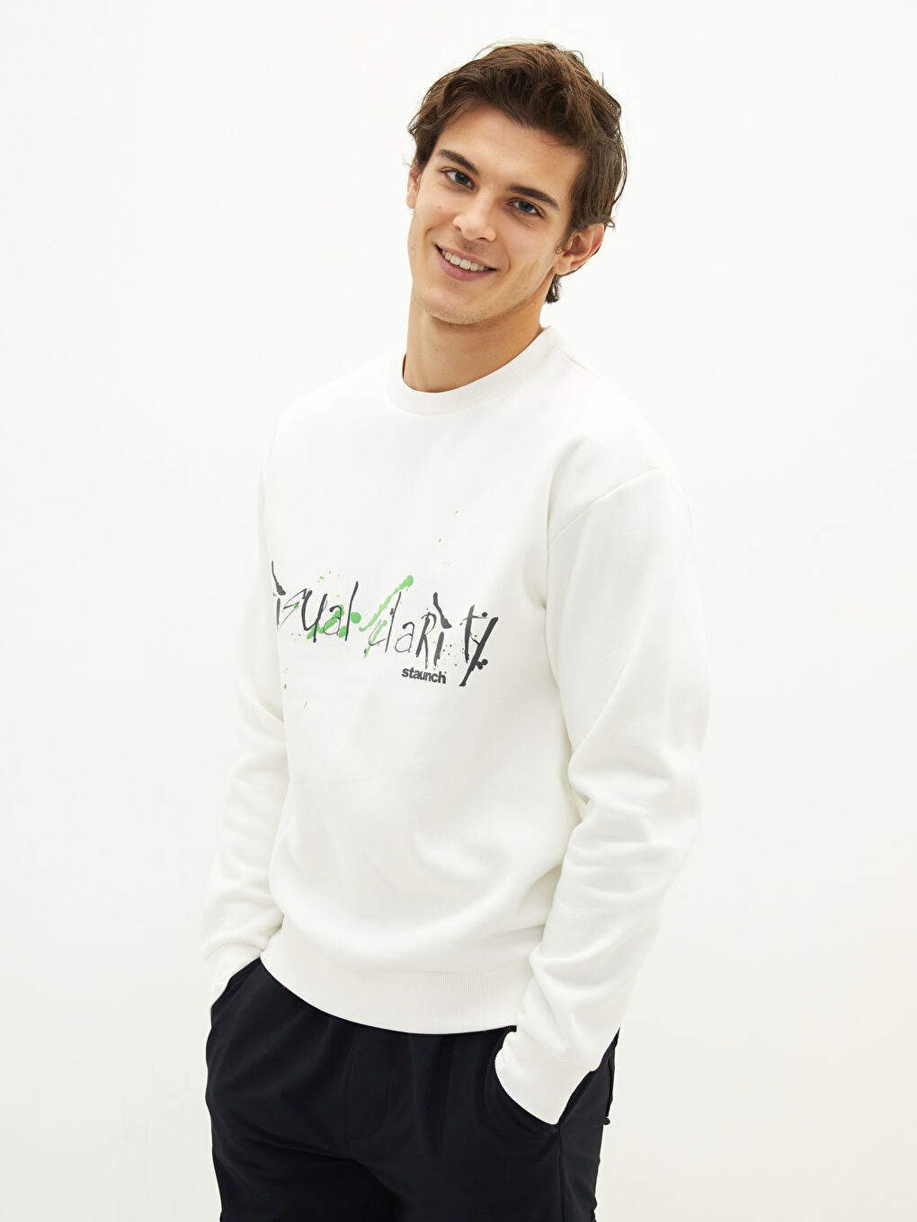 Beyaz Bisiklet Yaka Uzun Kollu Baskılı Erkek Sweatshirt