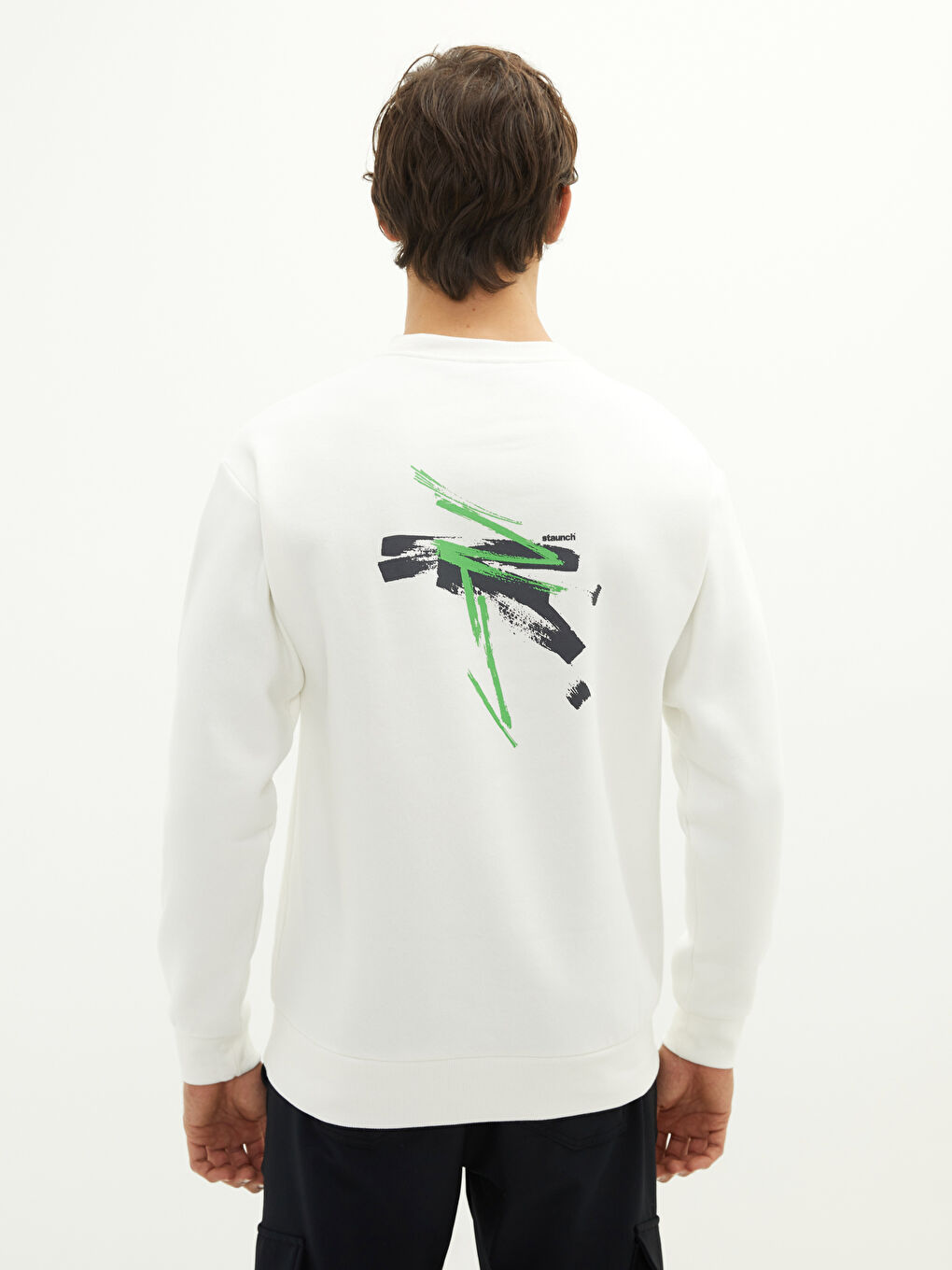 Beyaz Bisiklet Yaka Uzun Kollu Baskılı Erkek Sweatshirt-4
