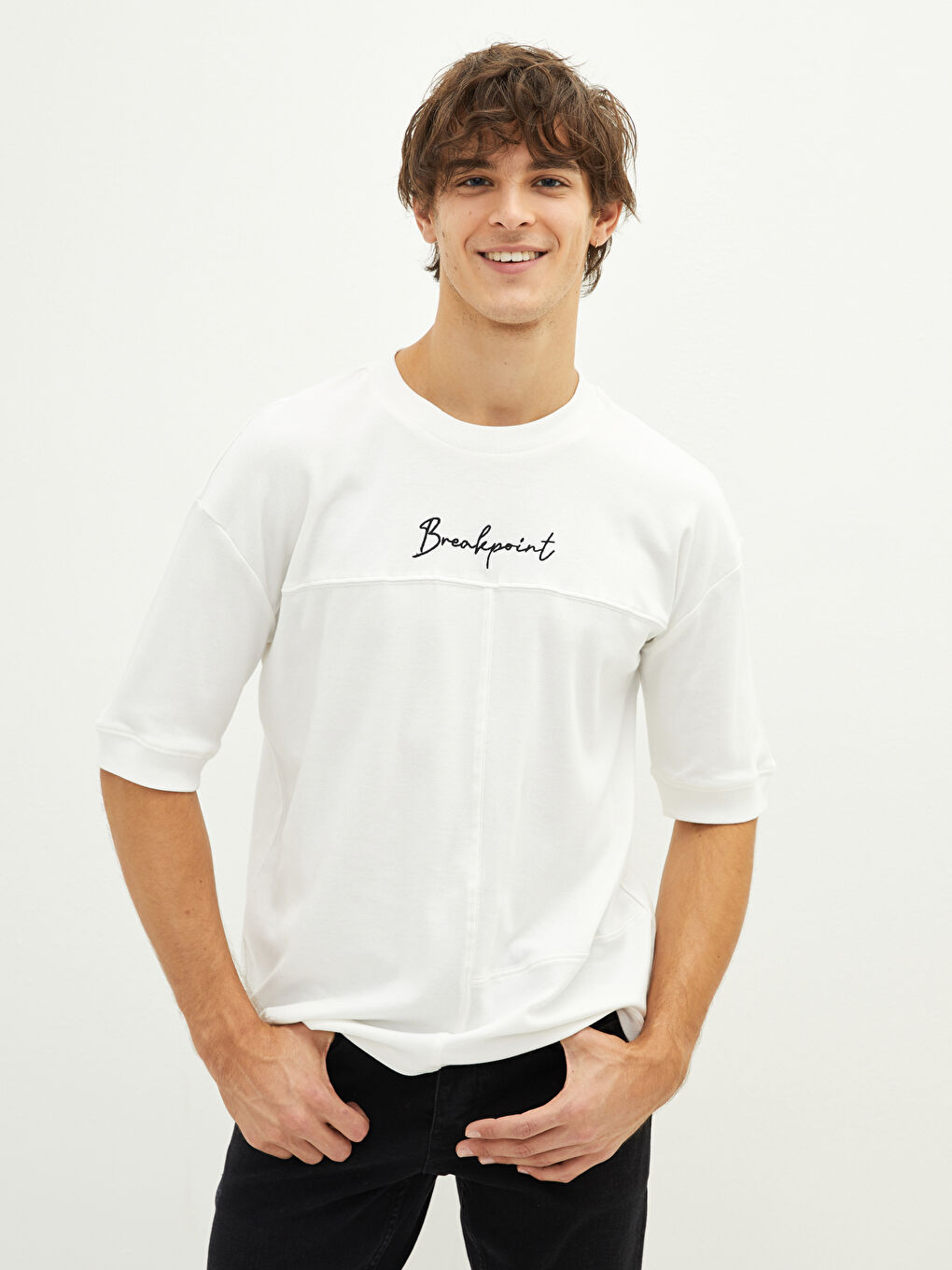 Ekru Bisiklet Yaka Kısa Kollu Baskılı Penye Erkek Tişört-1