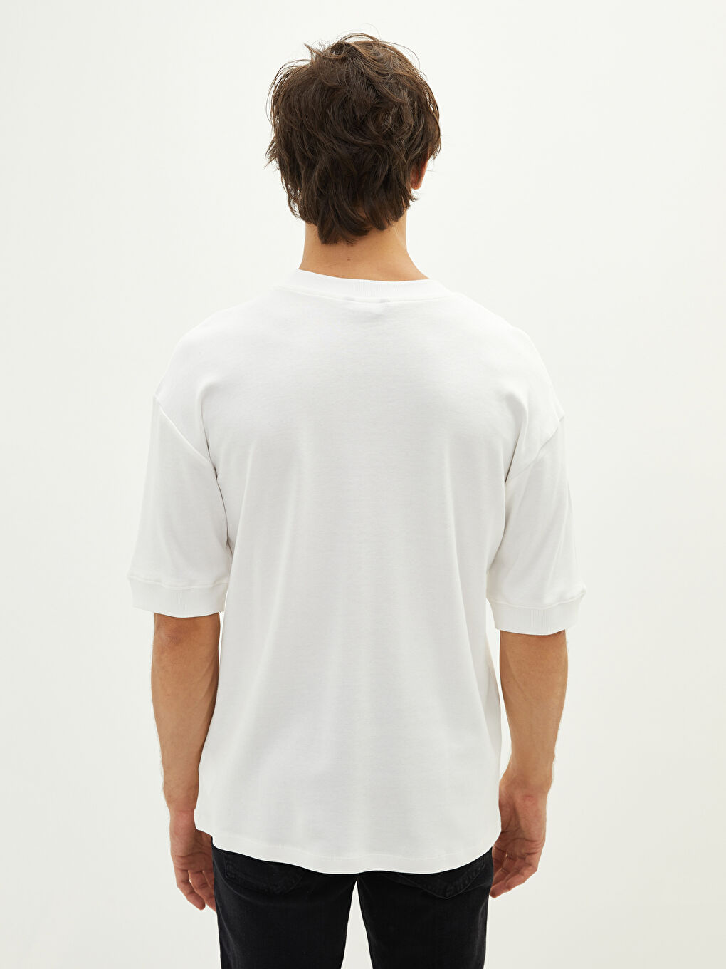 Ekru Bisiklet Yaka Kısa Kollu Baskılı Penye Erkek Tişört-5