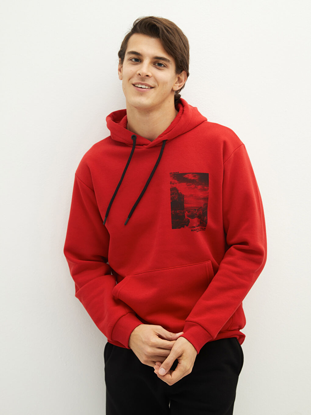 Kırmızı Uzun Kollu Baskılı Erkek Kalın Hoodie-3