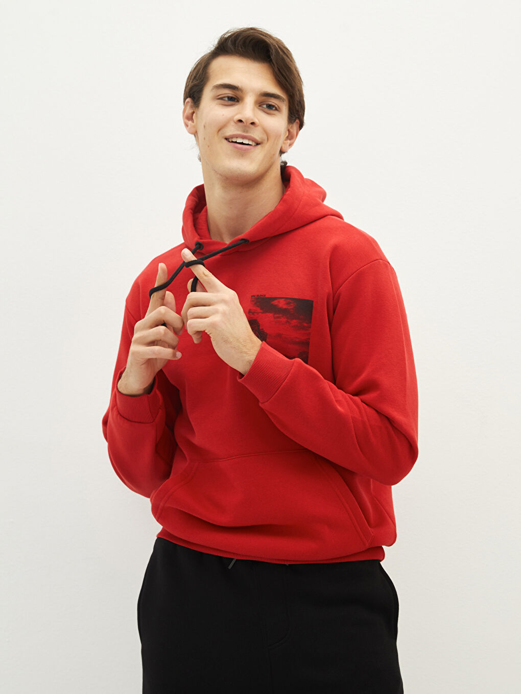 Kırmızı Uzun Kollu Baskılı Erkek Kalın Hoodie-4