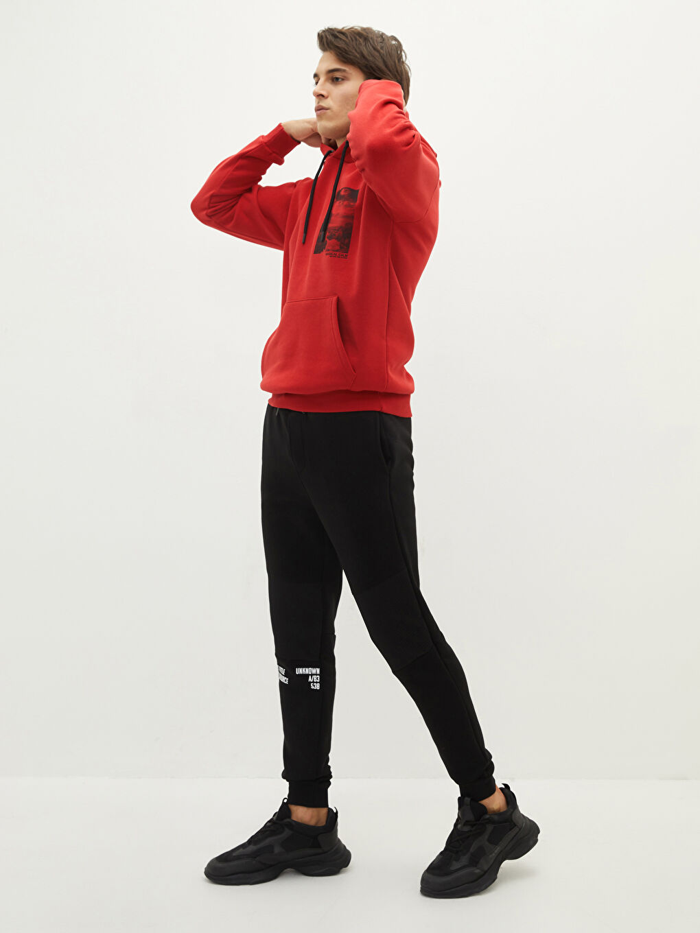 Kırmızı Uzun Kollu Baskılı Erkek Kalın Hoodie-5