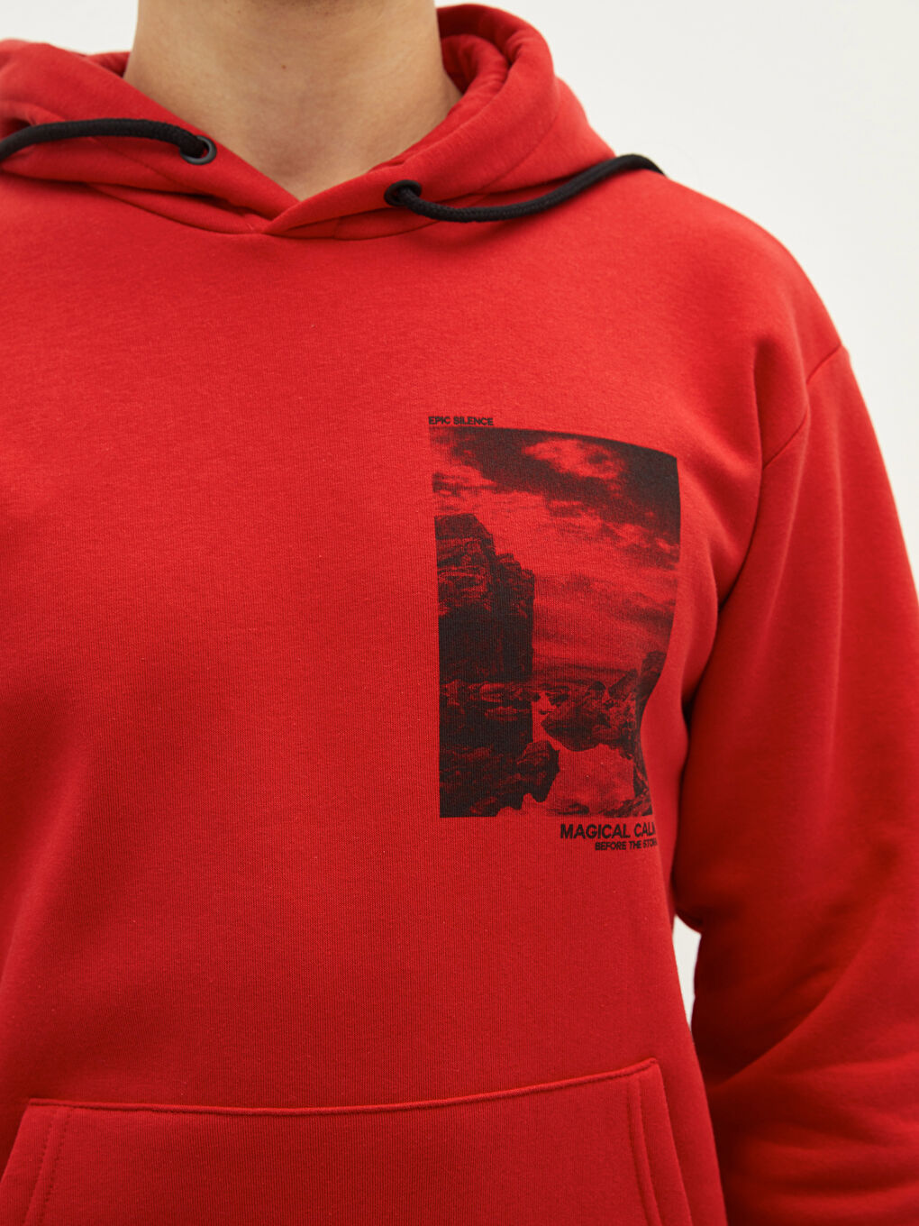 Kırmızı Uzun Kollu Baskılı Erkek Kalın Hoodie-6
