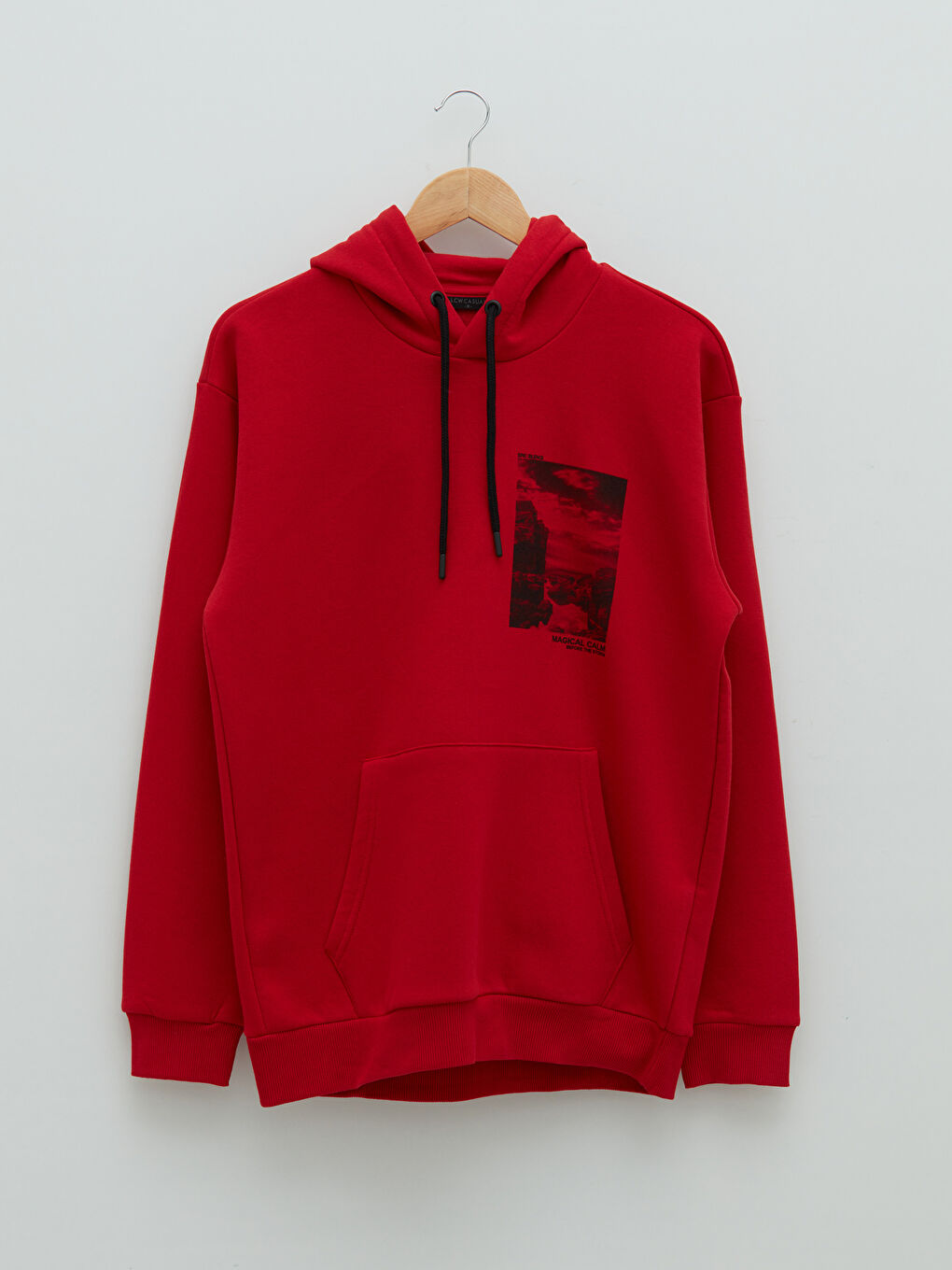 Kırmızı Uzun Kollu Baskılı Erkek Kalın Hoodie