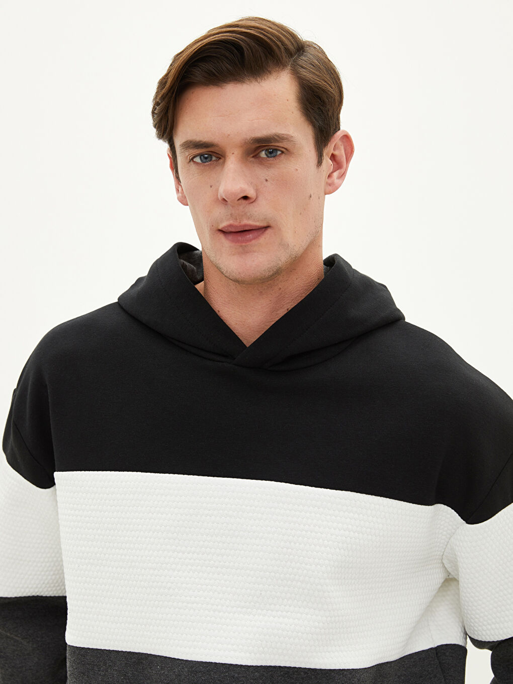 Uzun Kollu Renk Bloklu Erkek Hoodie-1