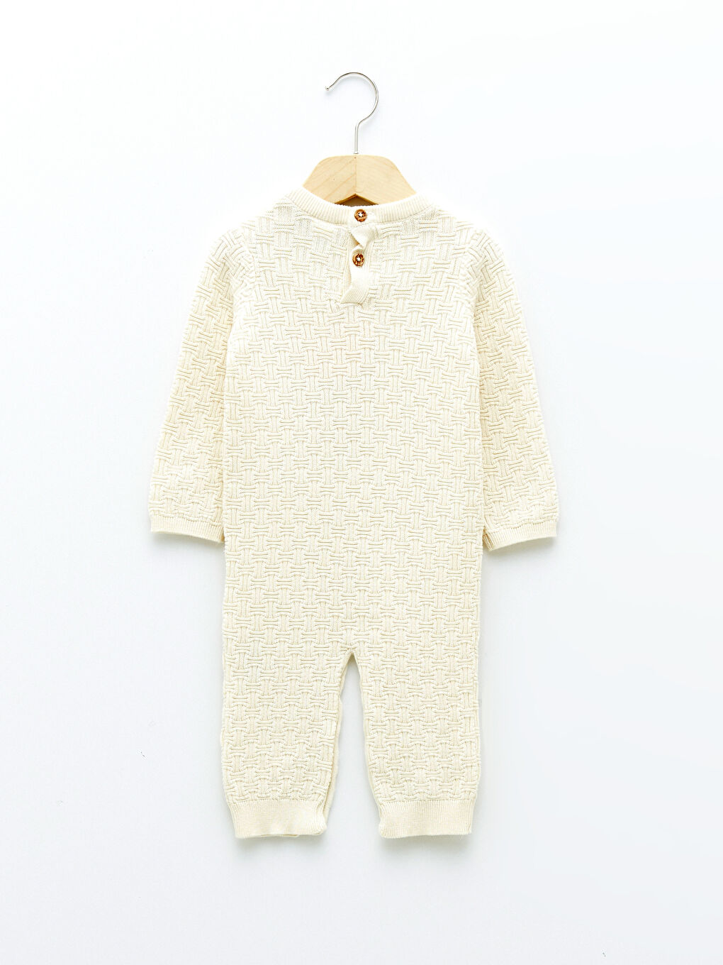 Ekru Bisiklet Yaka Uzun Kollu Kendinden Desenli Pamuklu Kız Bebek Triko Tulum-1