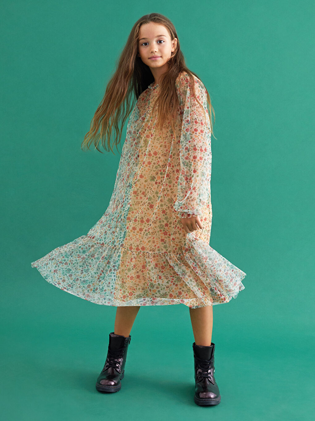 Ruffle Detailed Patterned Long Sleeve Girl Dress