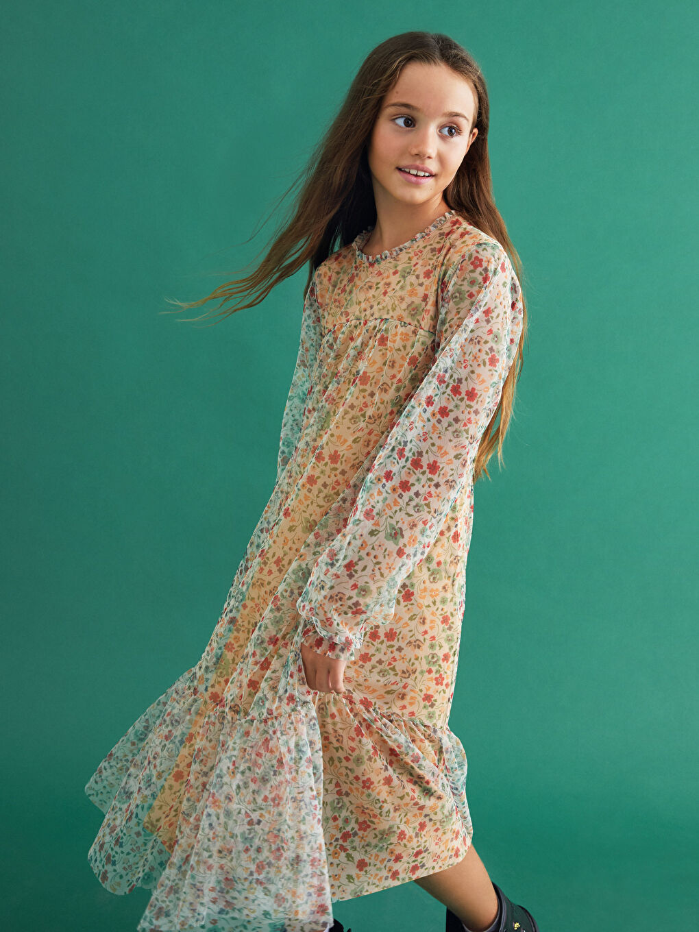 Ruffle Detailed Patterned Long Sleeve Girl Dress-1