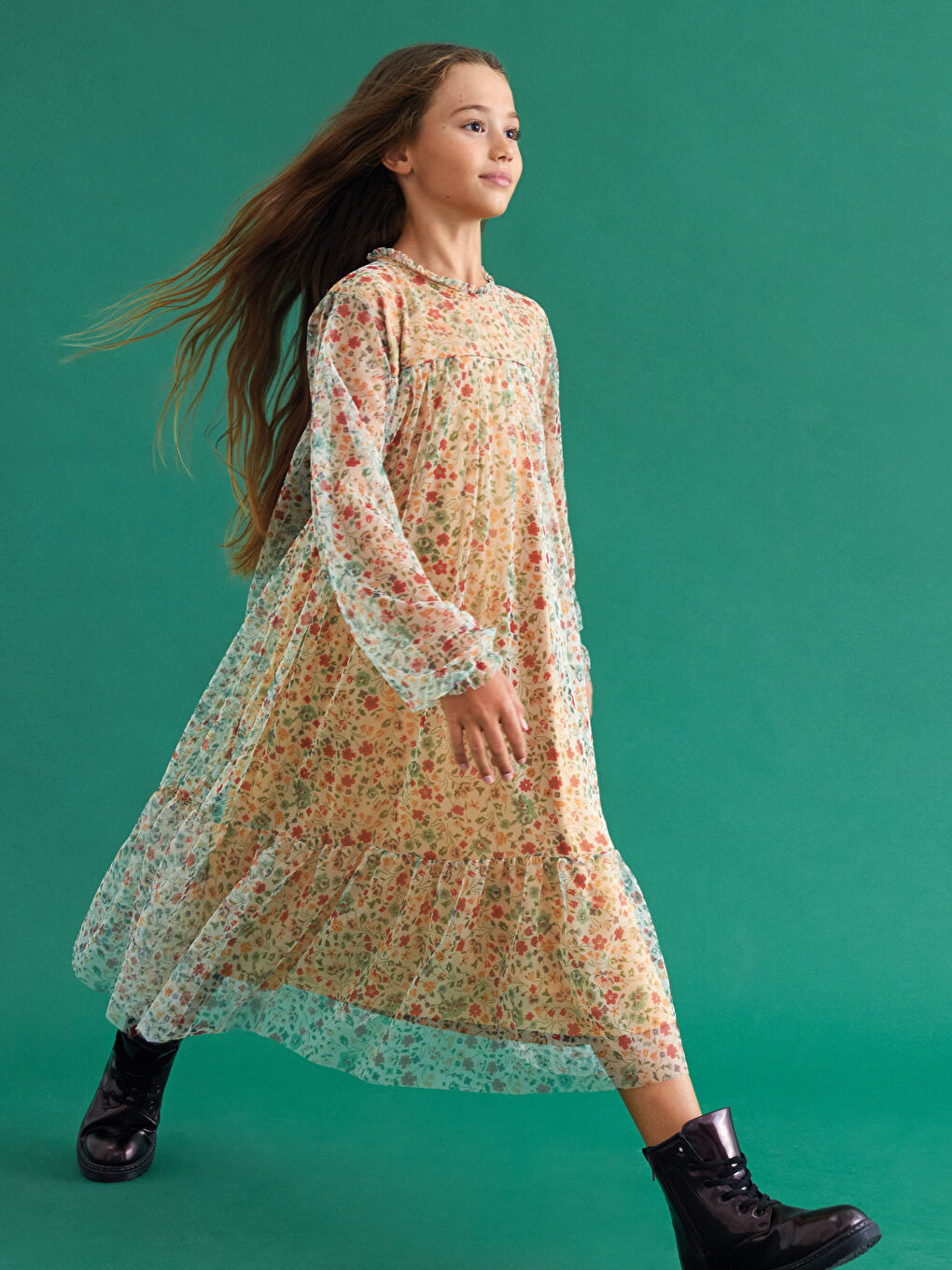 Ruffle Detailed Patterned Long Sleeve Girl Dress-2
