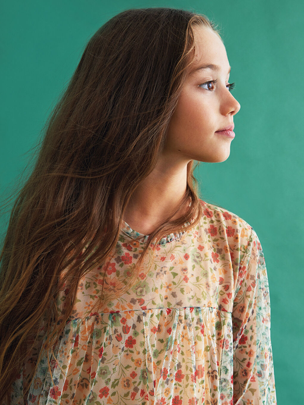 Ruffle Detailed Patterned Long Sleeve Girl Dress-3