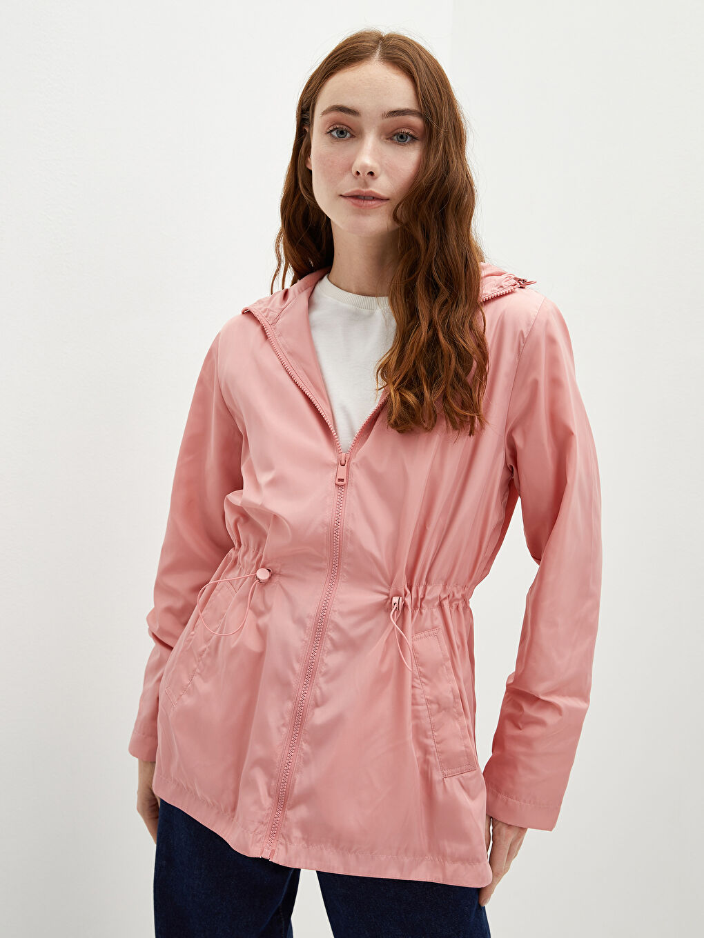 Kapüşon Yaka Düz Uzun Kollu Cep Detaylı Kadın Yağmurluk-5