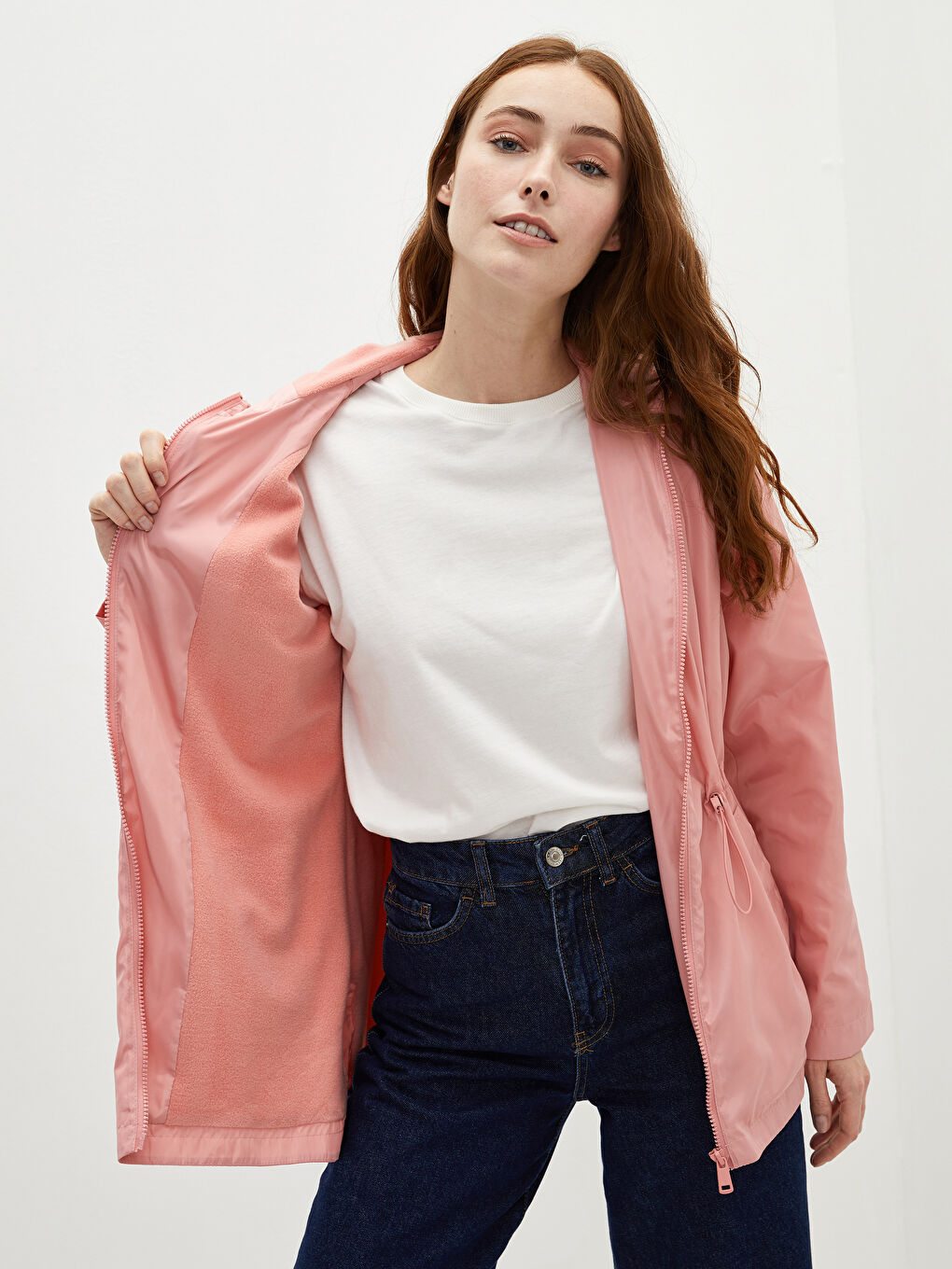 Kapüşon Yaka Düz Uzun Kollu Cep Detaylı Kadın Yağmurluk-7