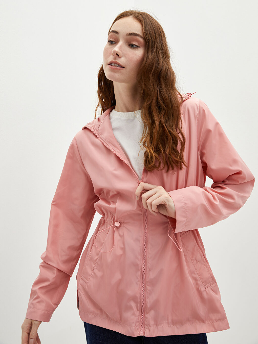 Kapüşon Yaka Düz Uzun Kollu Cep Detaylı Kadın Yağmurluk-9