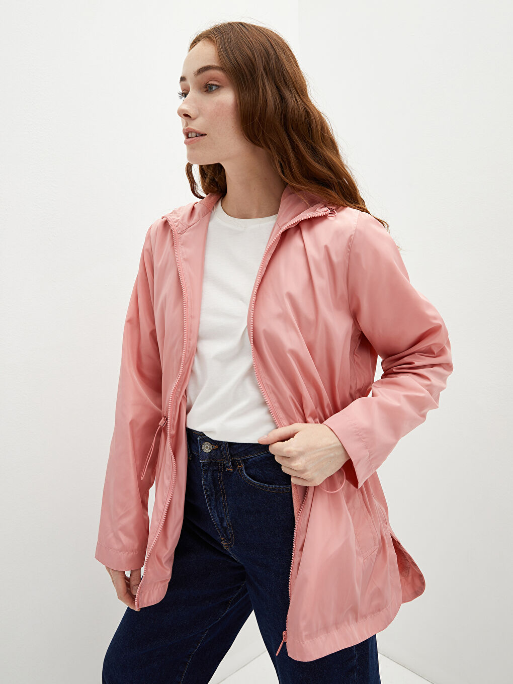 Kapüşon Yaka Düz Uzun Kollu Cep Detaylı Kadın Yağmurluk-3