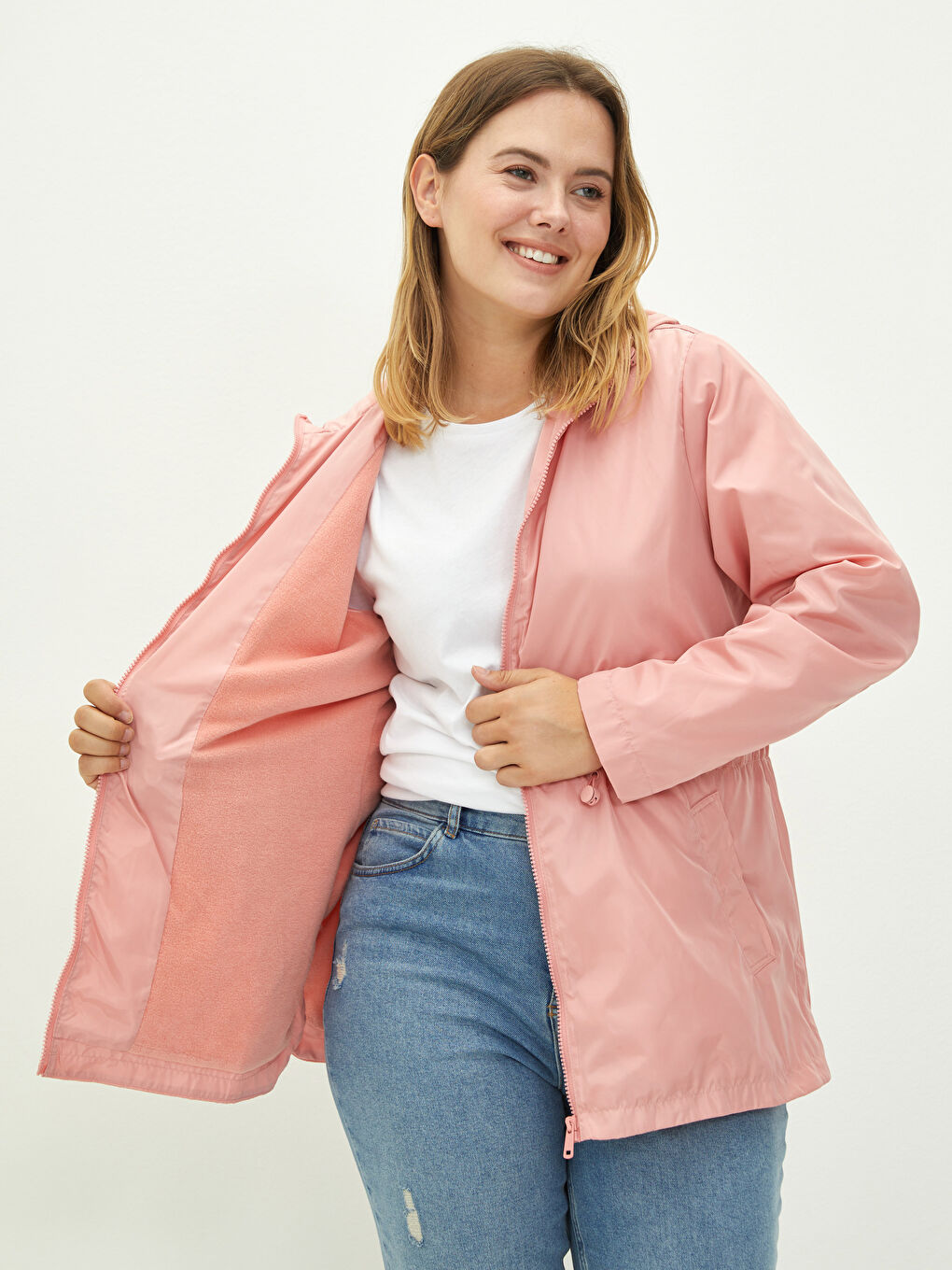 Kapüşon Yaka Düz Uzun Kollu Cep Detaylı Kadın Yağmurluk-4