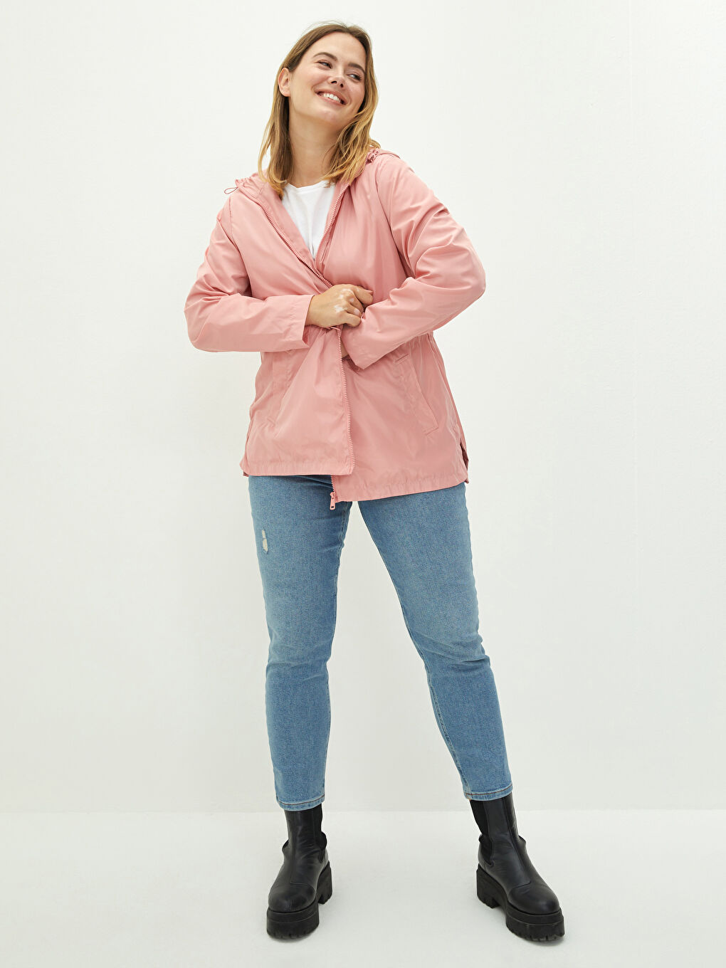 Kapüşon Yaka Düz Uzun Kollu Cep Detaylı Kadın Yağmurluk-6