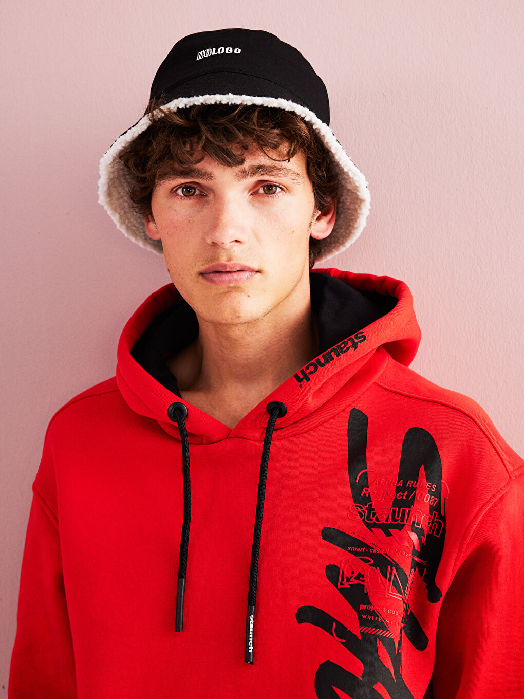 Kırmızı Uzun Kollu Baskılı Kalın Erkek Kalın Hoodie