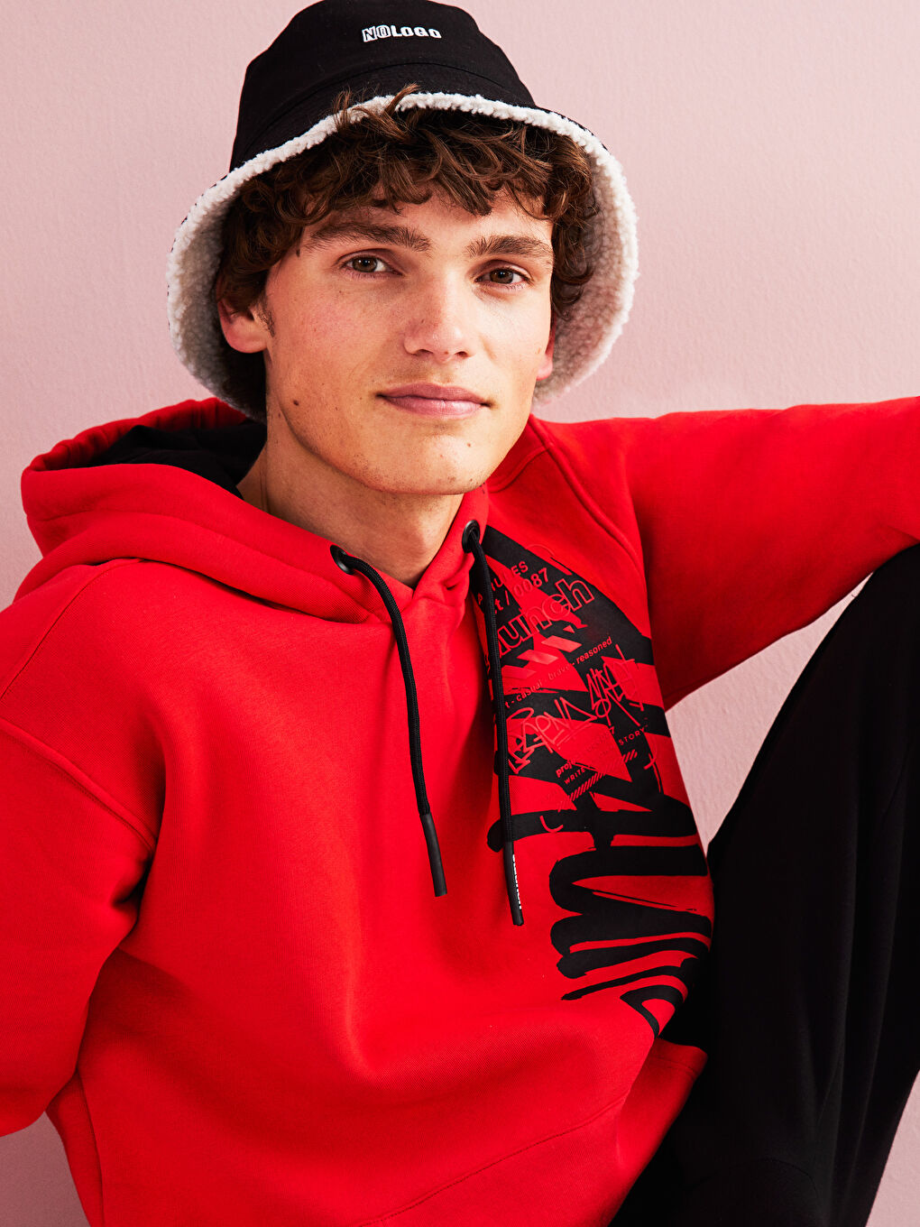 Kırmızı Uzun Kollu Baskılı Kalın Erkek Kalın Hoodie-1