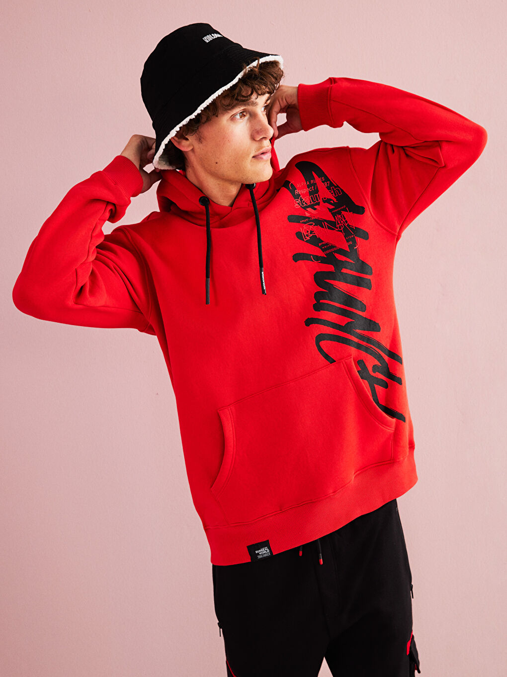 Kırmızı Uzun Kollu Baskılı Kalın Erkek Kalın Hoodie-2