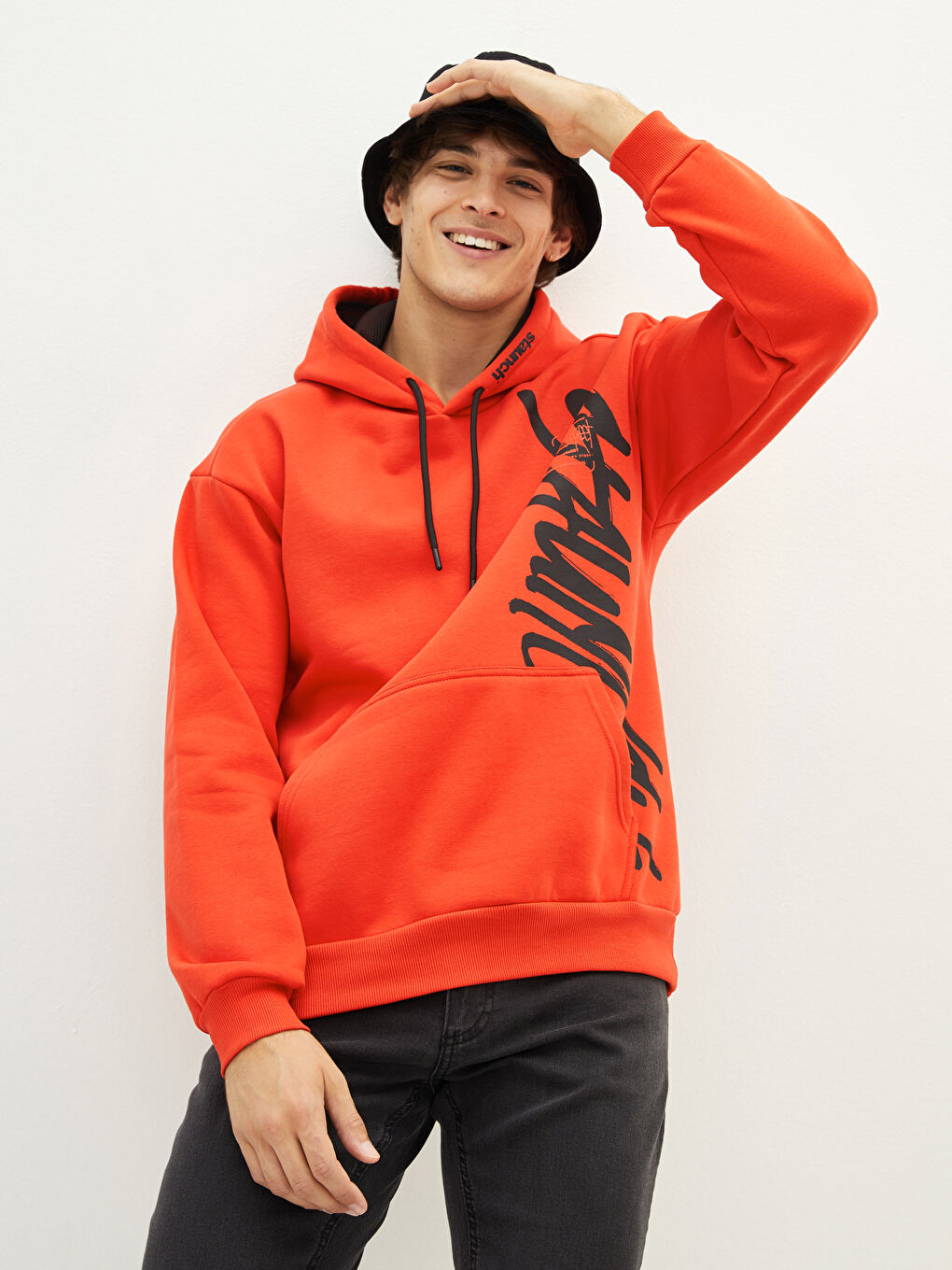 Kırmızı Uzun Kollu Baskılı Kalın Erkek Kalın Hoodie-3