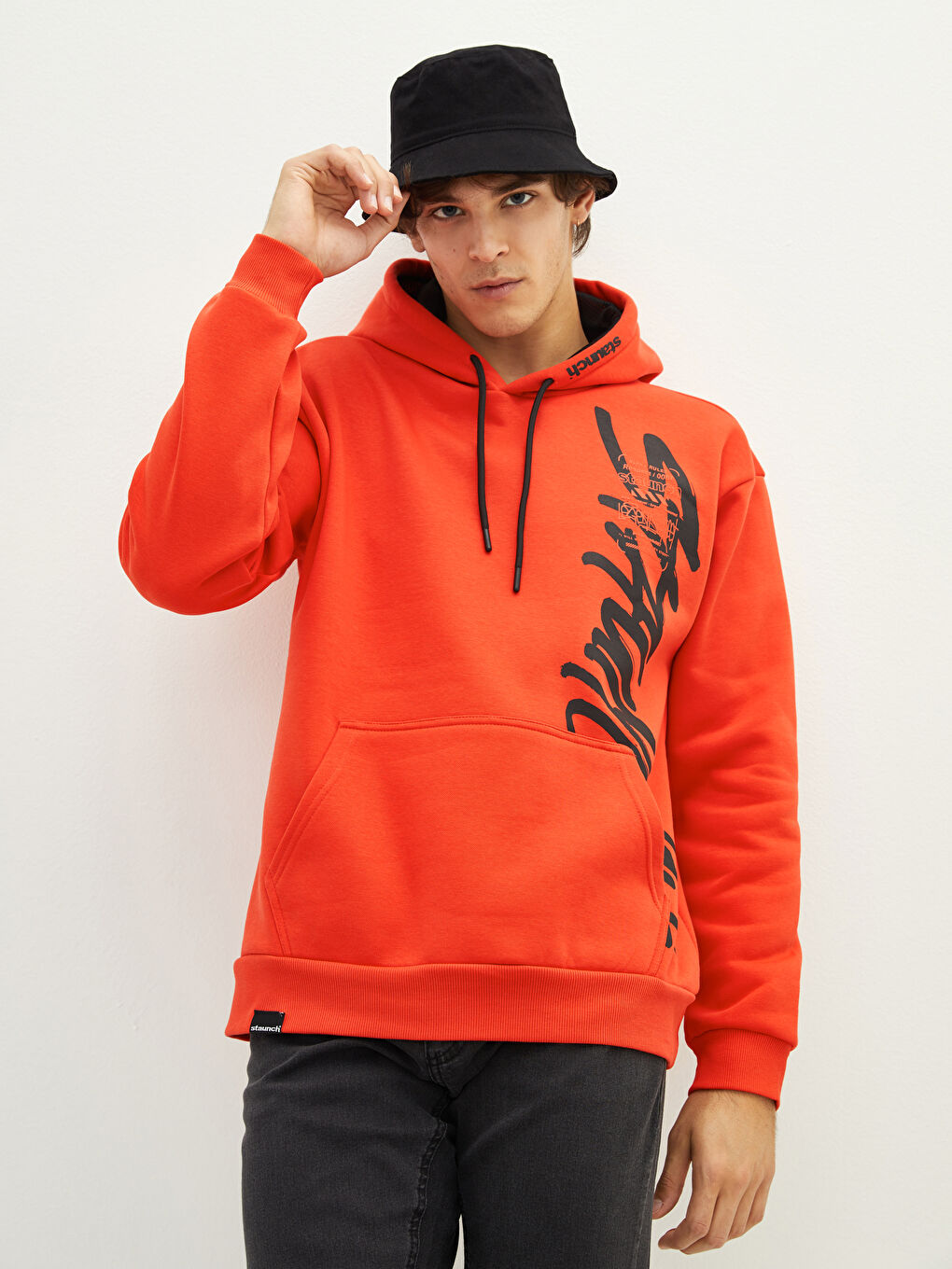 Kırmızı Uzun Kollu Baskılı Kalın Erkek Kalın Hoodie-4